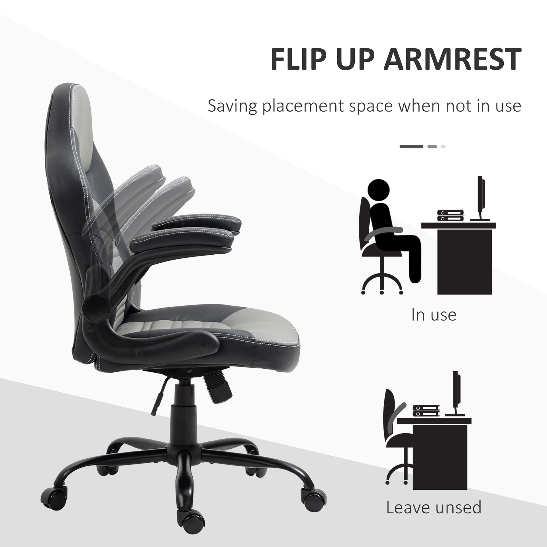 Vinsetto PU Leather Gaming Chair with Flip-up Armrests, Racing Style Computer Chair, Height Adjustable Home Office Chair with Swivel Wheels and Tilt Function, Gray