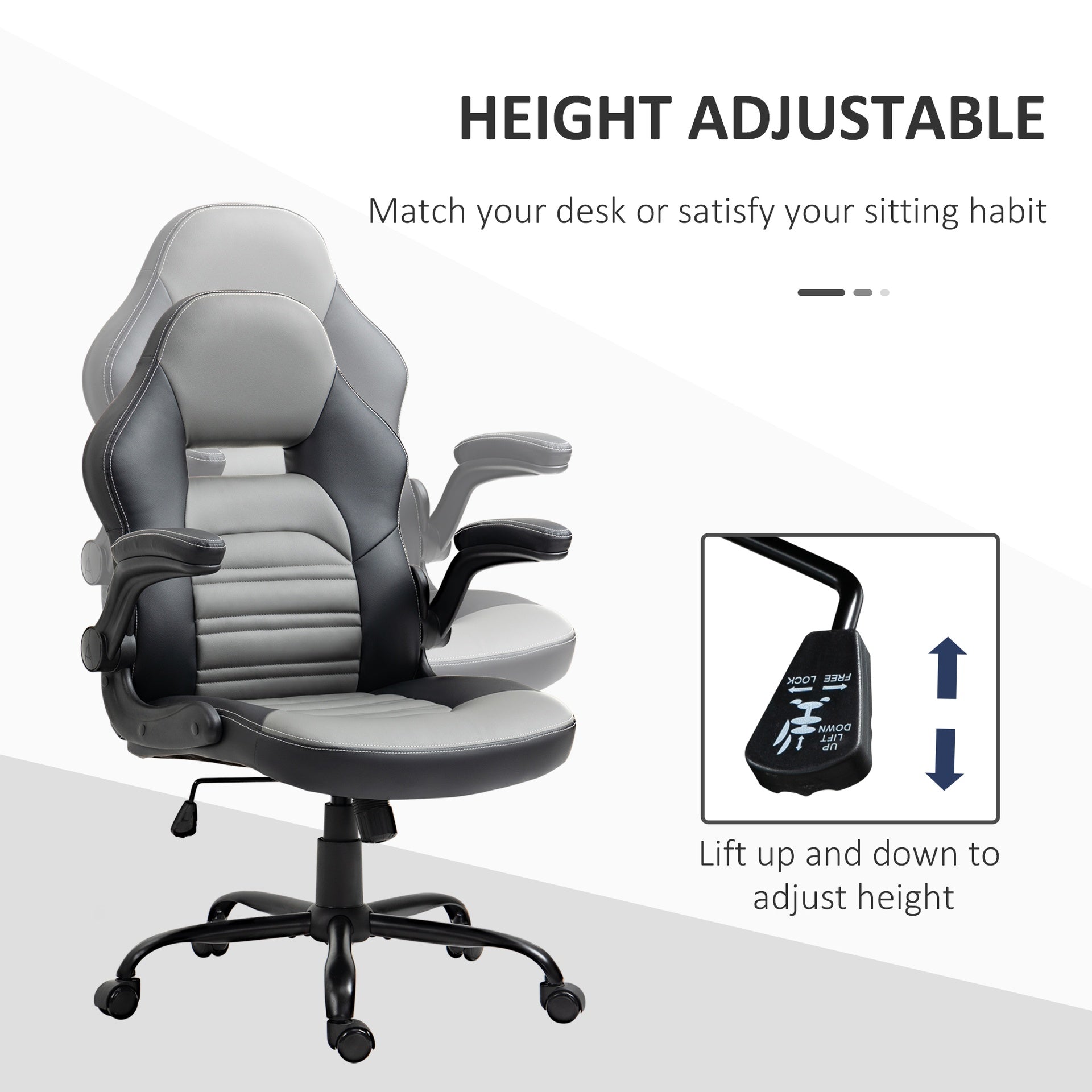 Vinsetto PU Leather Gaming Chair with Flip-up Armrests, Racing Style Computer Chair, Height Adjustable Home Office Chair with Swivel Wheels and Tilt Function, Gray