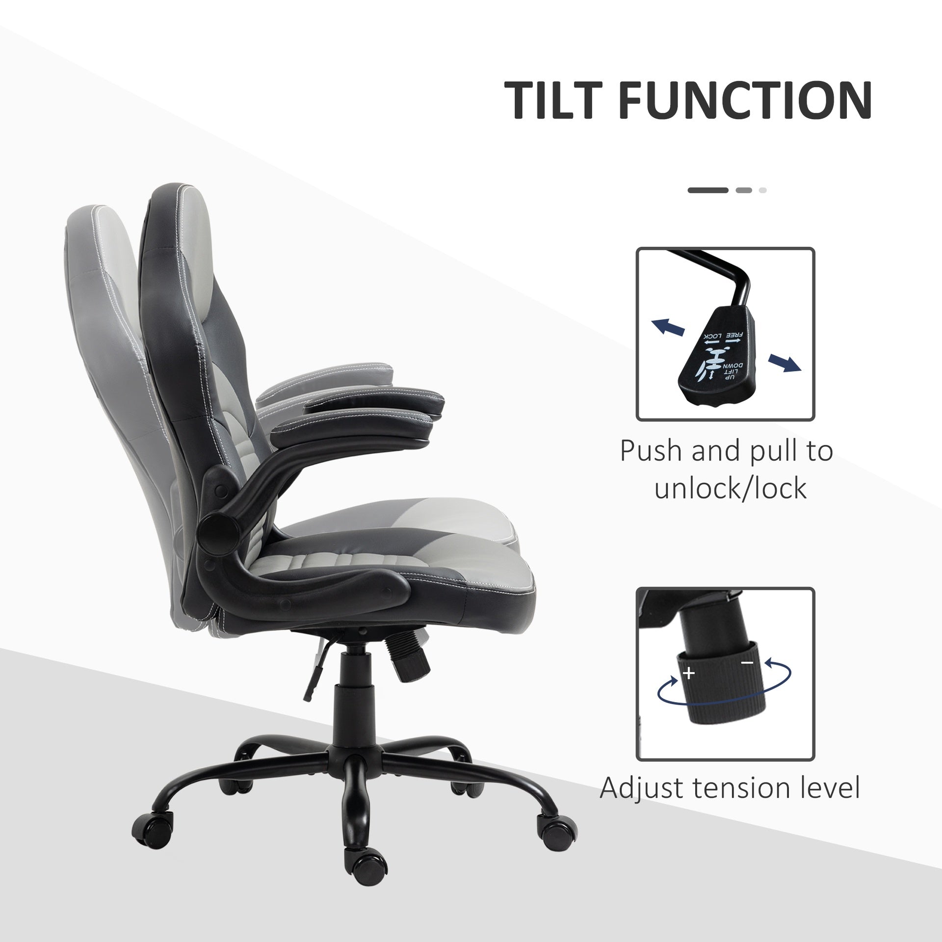 Vinsetto PU Leather Gaming Chair with Flip-up Armrests, Racing Style Computer Chair, Height Adjustable Home Office Chair with Swivel Wheels and Tilt Function, Gray