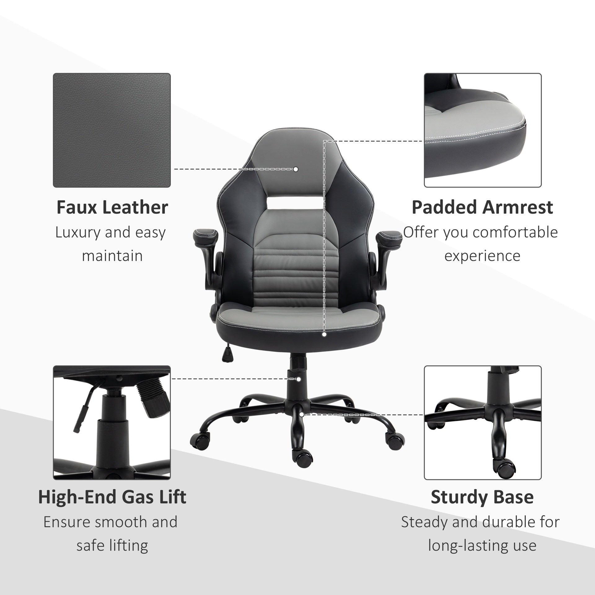 Vinsetto PU Leather Gaming Chair with Flip-up Armrests, Racing Style Computer Chair, Height Adjustable Home Office Chair with Swivel Wheels and Tilt Function, Gray