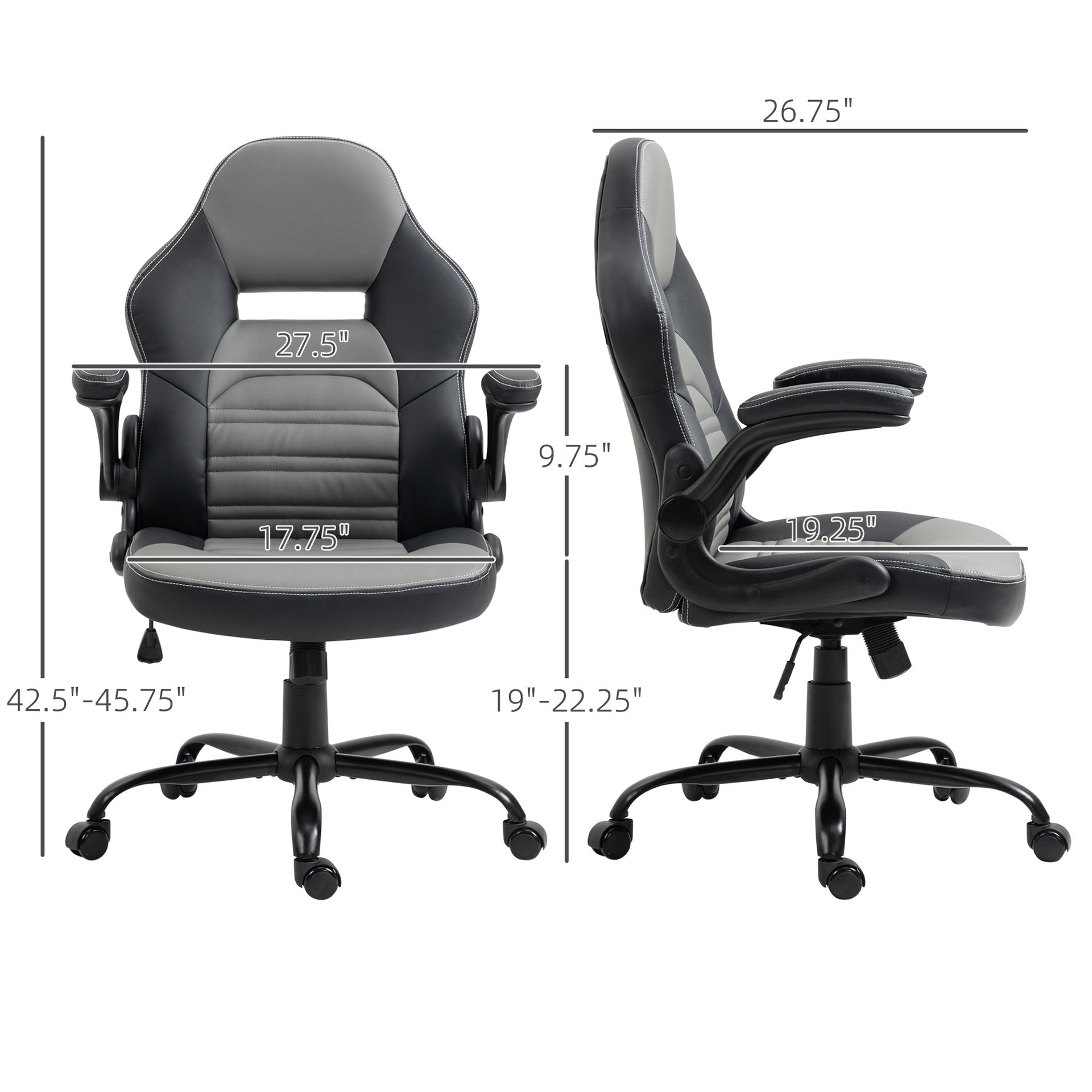 Vinsetto PU Leather Gaming Chair with Flip-up Armrests, Racing Style Computer Chair, Height Adjustable Home Office Chair with Swivel Wheels and Tilt Function, Gray