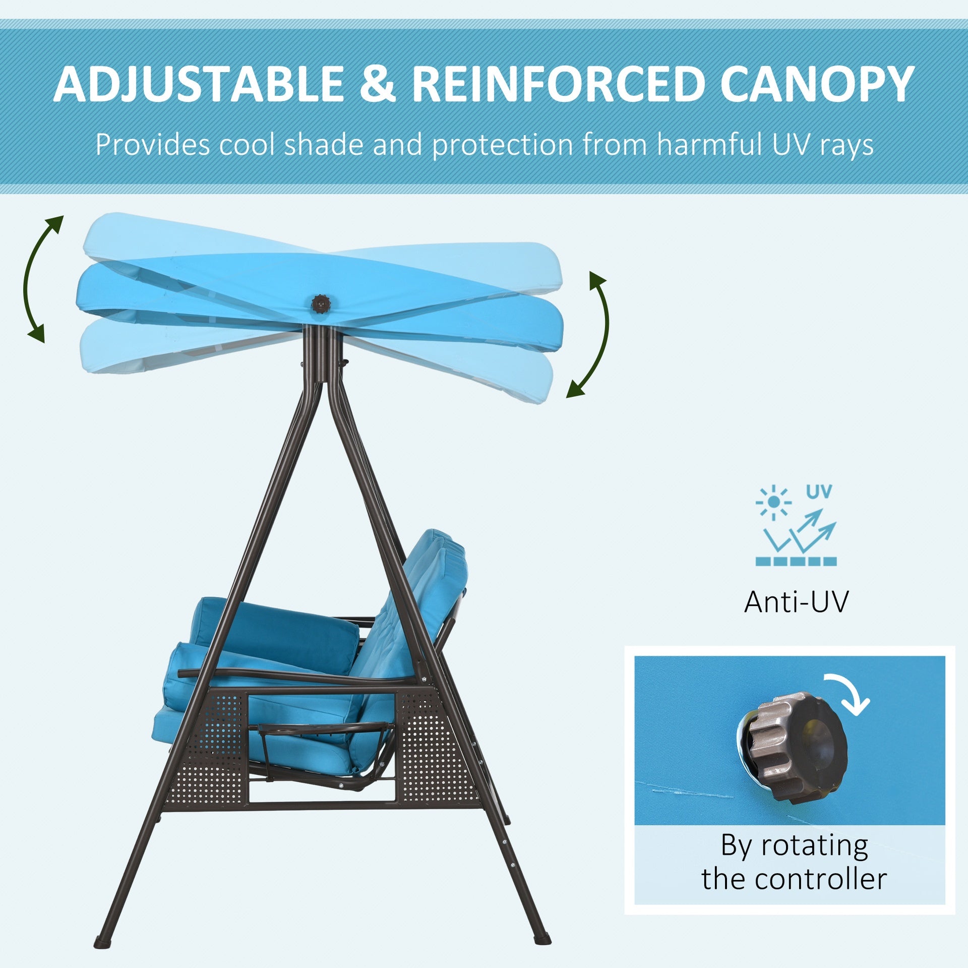 Outsunny 3-Seat Outdoor Porch Swing Chair with Adjustable Canopy, Cushion and Pillows for Garden, Poolside, Blue