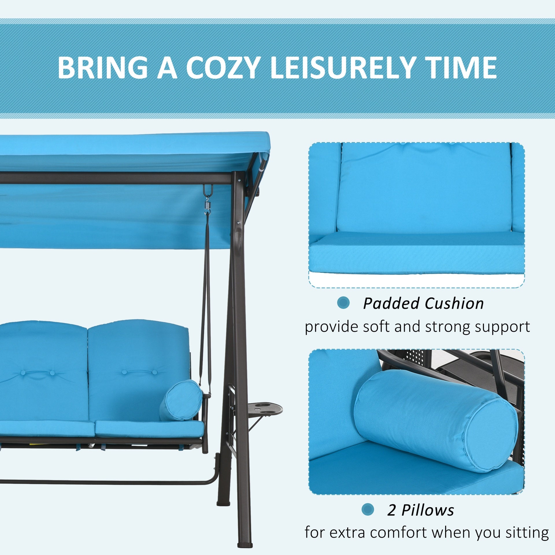 Outsunny 3-Seat Outdoor Porch Swing Chair with Adjustable Canopy, Cushion and Pillows for Garden, Poolside, Blue