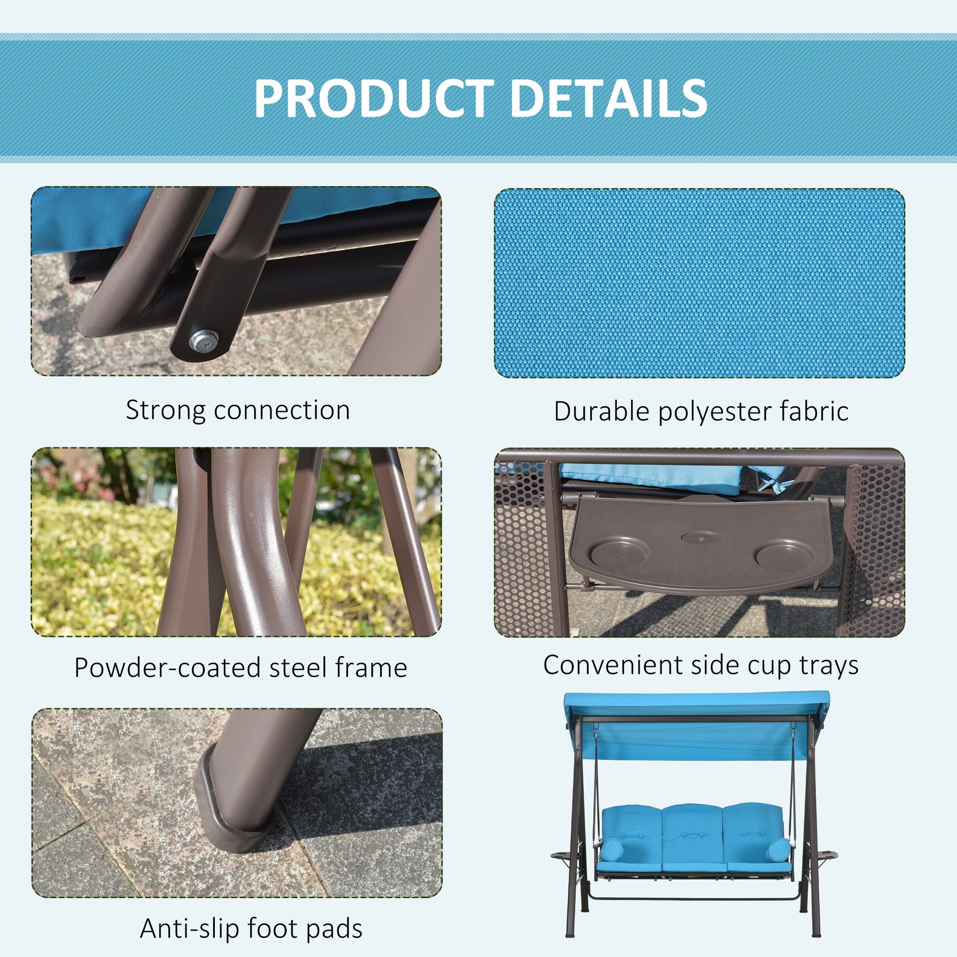 Outsunny 3-Seat Outdoor Porch Swing Chair with Adjustable Canopy, Cushion and Pillows for Garden, Poolside, Blue