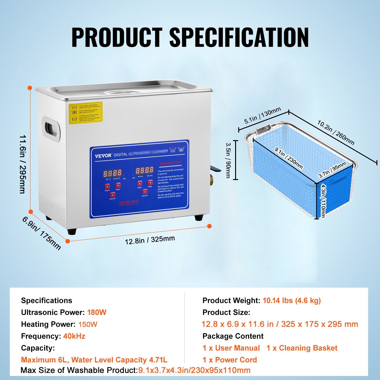 Commercial Ultrasonic Cleaner 6L Professional Ultrasonic Cleaner 40kHz with Digital Timer&Heater 110V Excellent Cleaning Machine for Watch Instruments Industrial Parts Excellent Cleaner Solution