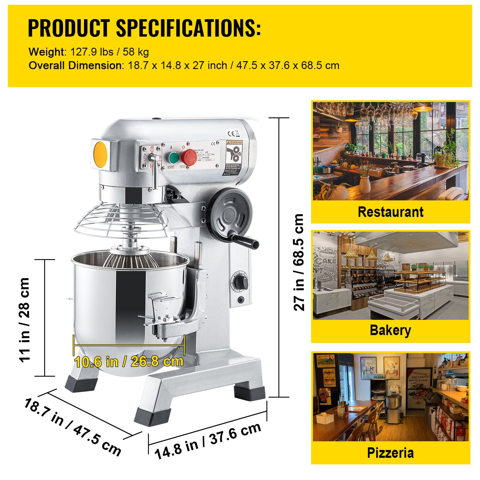 Commercial Food Mixer, 15Qt Commercial Mixer with Timing Function, 500W Stainless Steel Bowl Heavy Duty Electric Food Mixer Commercial with 3 Speeds Adjustable 113/184/341 RPM, Dough Hook Whisk