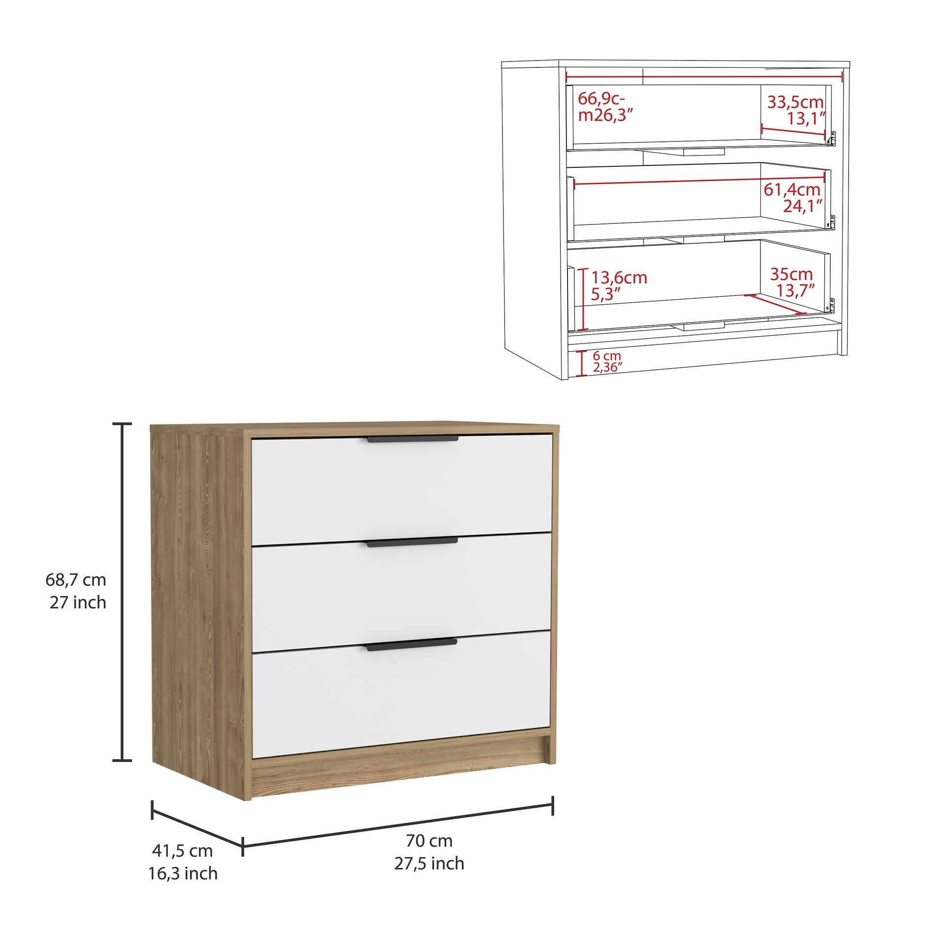 Kaia 3 Drawers Dresser, Superior Top -White / Pine