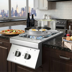 Double Grilling Side Burners, 2 x 15,000BTU Liquid Propane Side Burner for Outdoor Kitchen, Convertible to Natural Gas, 304 Stainless Steel Built-in Double Grill Burners for BBQ Grill Island