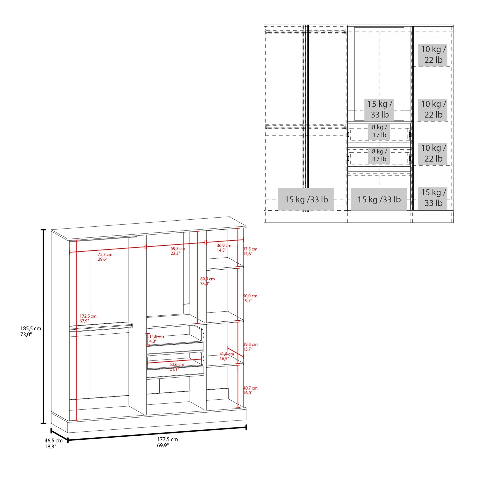 Kamelot 1,80 Armoire With Double Doors, Hanging Rod And Interior Shelves, White