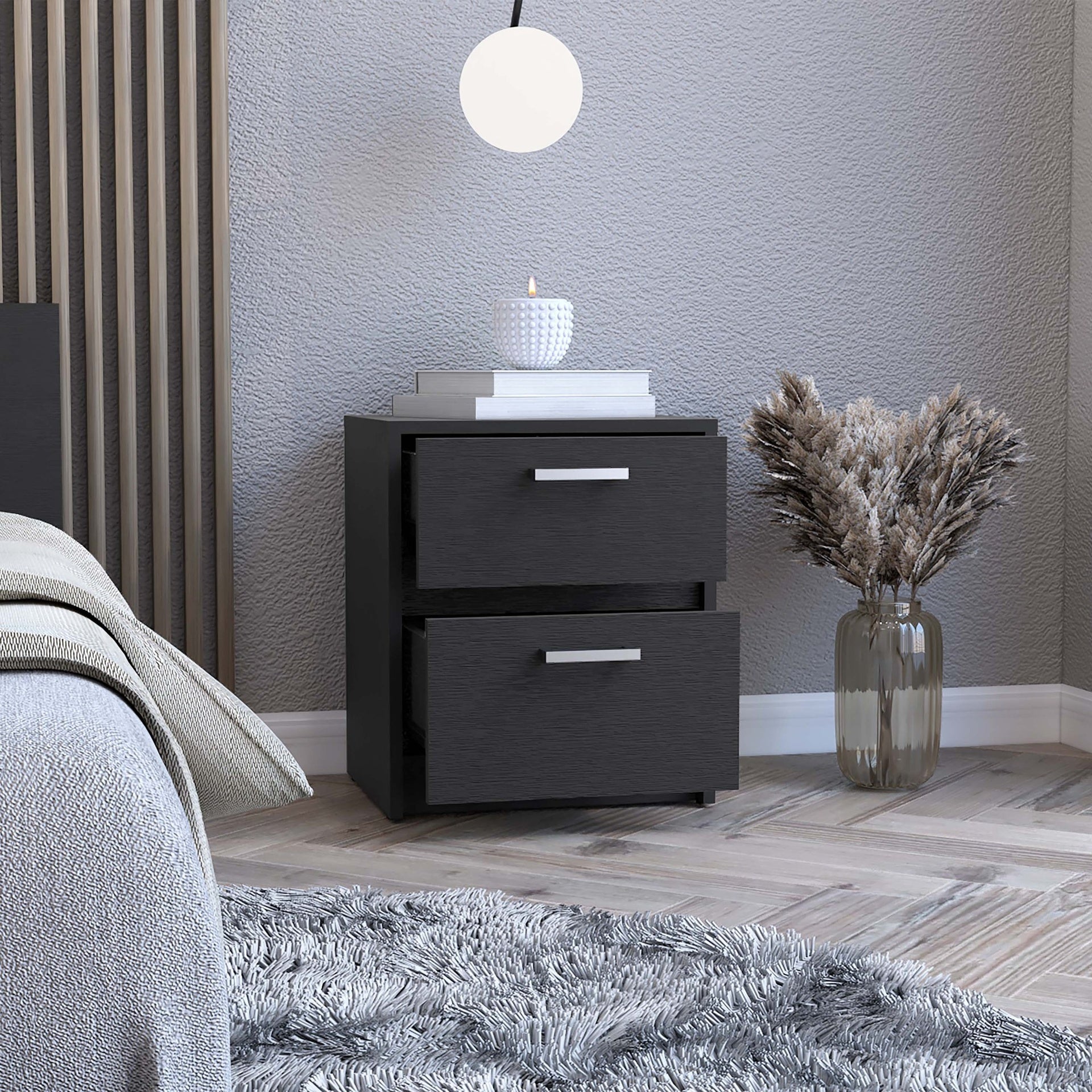 Trivor 2 Drawers Nightstand , End Table, Side Table Metal Handles -Black