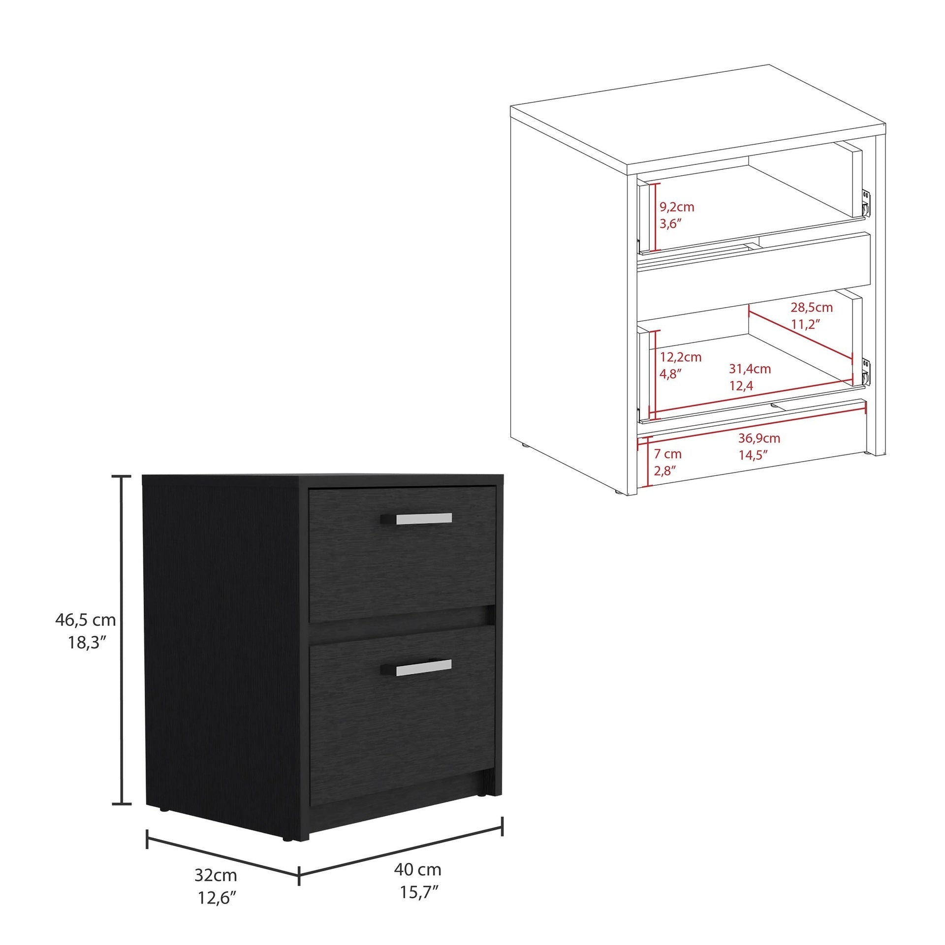 Trivor 2 Drawers Nightstand , End Table, Side Table Metal Handles -Black