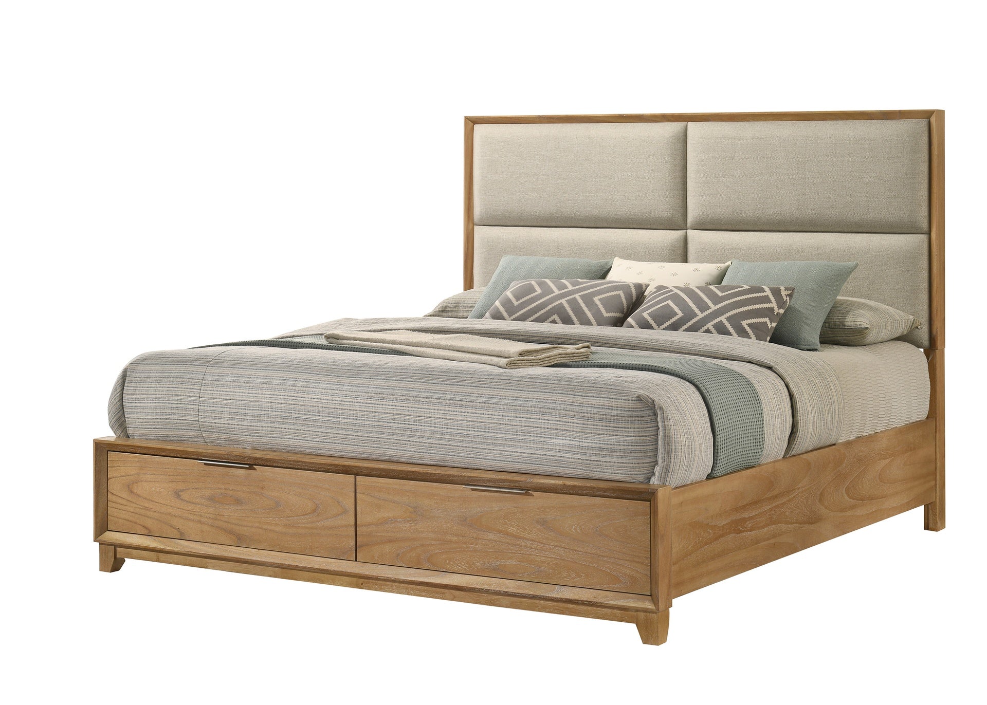 1pc King Storage Platform Bed Upholstered Ultra-plush Headboard Two Footboard Storage Drawers Solid Wood Natural Wood Finish Wooden Bedroom Furniture