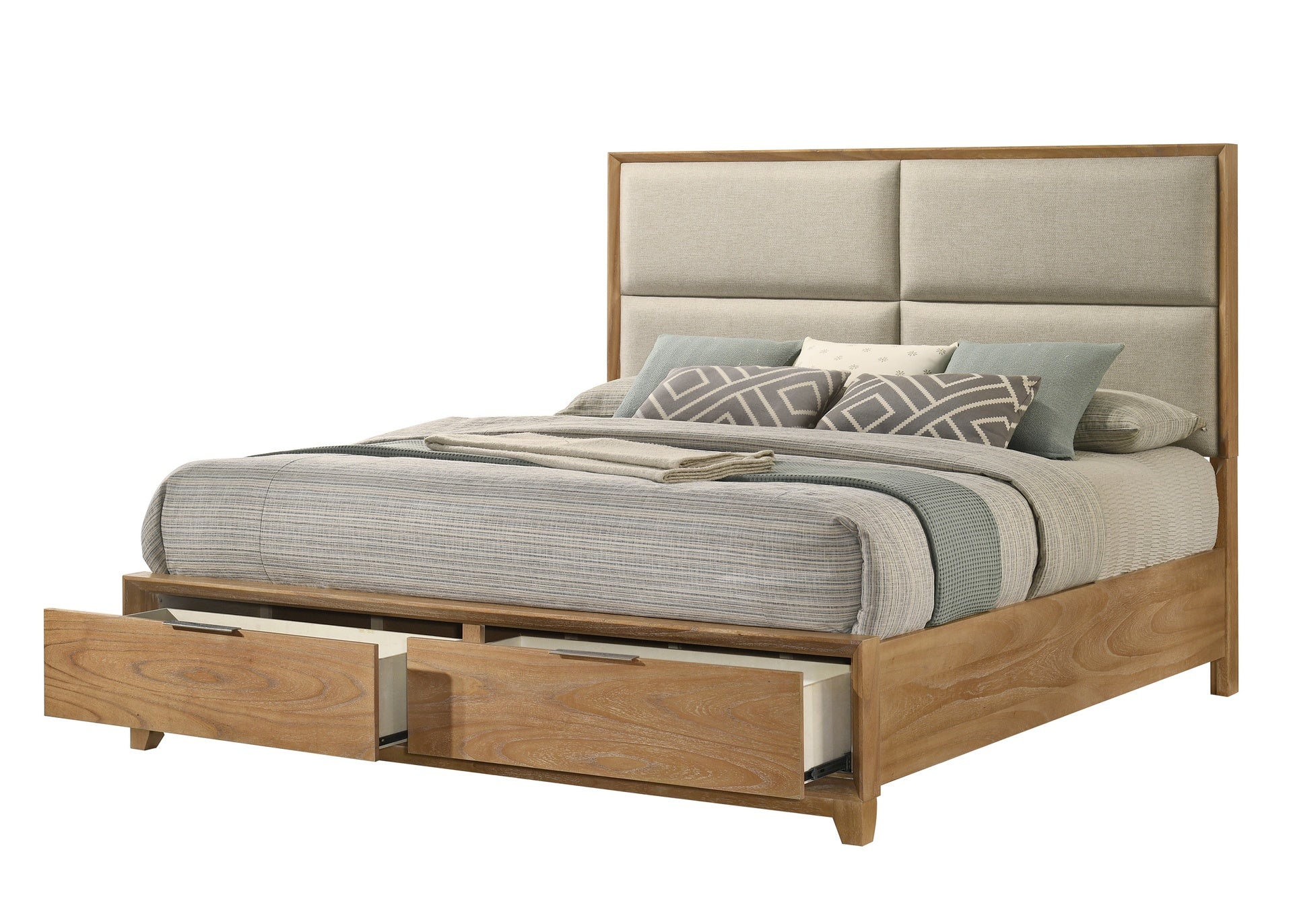 1pc King Storage Platform Bed Upholstered Ultra-plush Headboard Two Footboard Storage Drawers Solid Wood Natural Wood Finish Wooden Bedroom Furniture