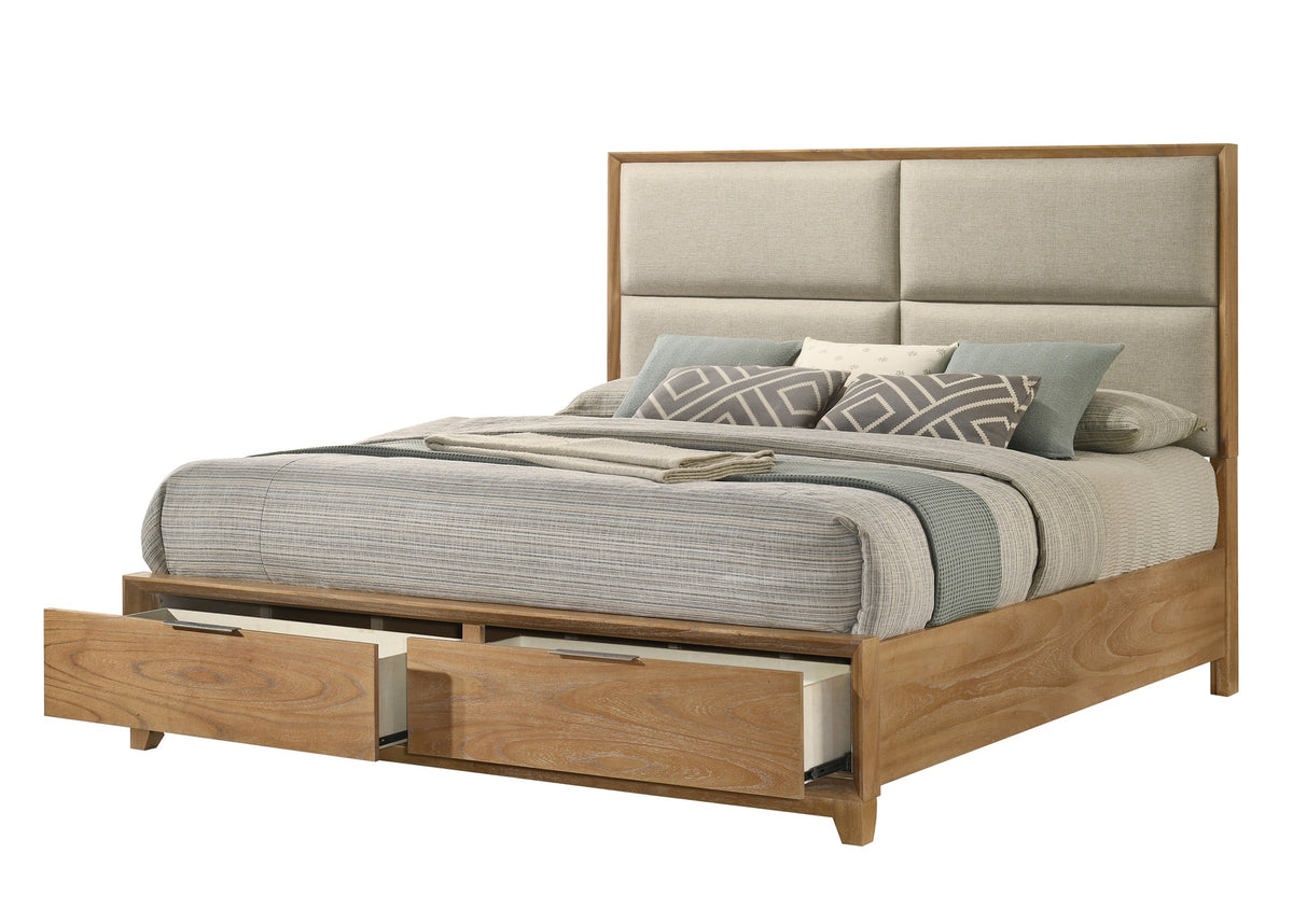 1pc King Storage Platform Bed Upholstered Ultra-plush Headboard Two Footboard Storage Drawers Solid Wood Natural Wood Finish Wooden Bedroom Furniture
