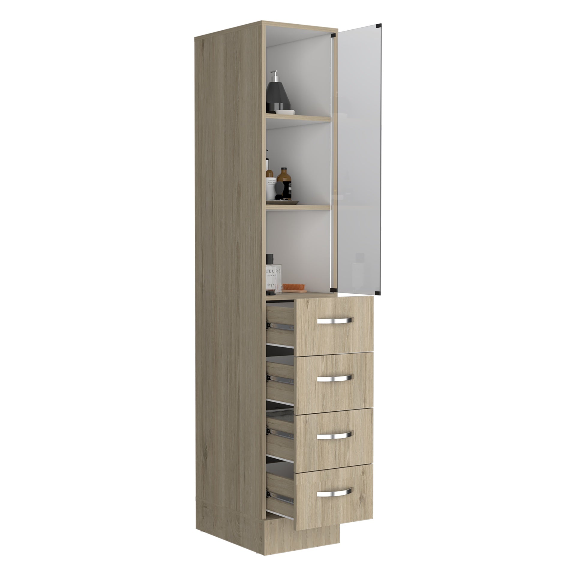 Vanguard Linen Cabinet, Three Shelves, Four Drawers -Light Pine / White