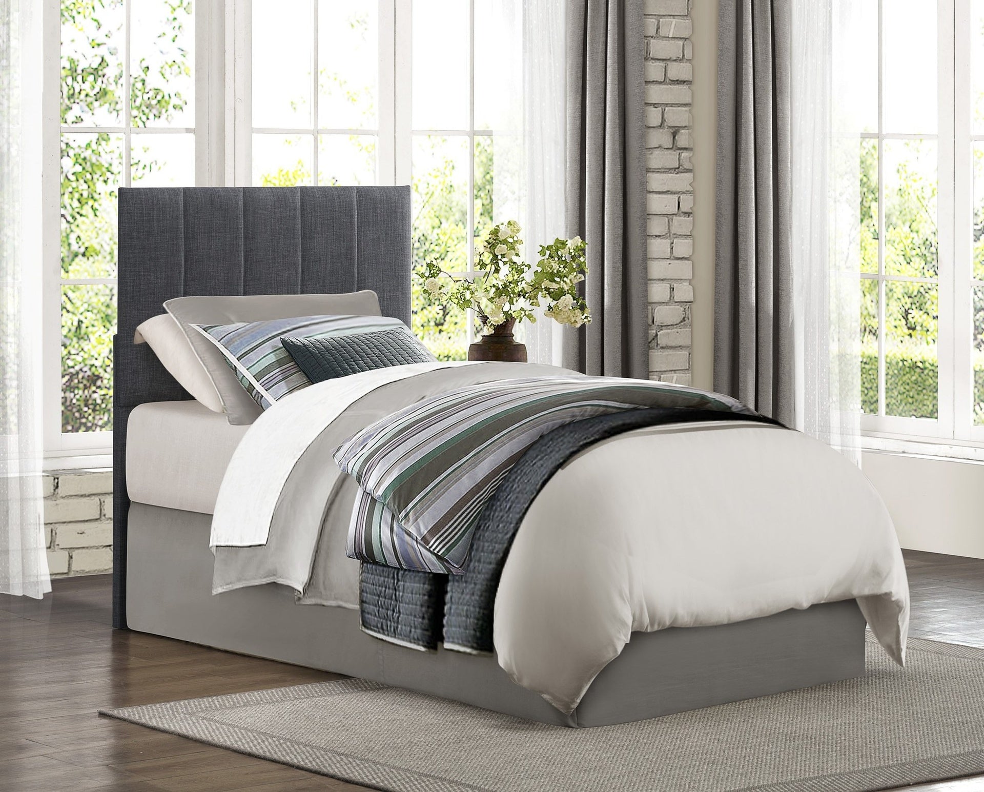 1pc Twin Headboard Gray Fabric Upholstery Padded Vertical Channel Tufted