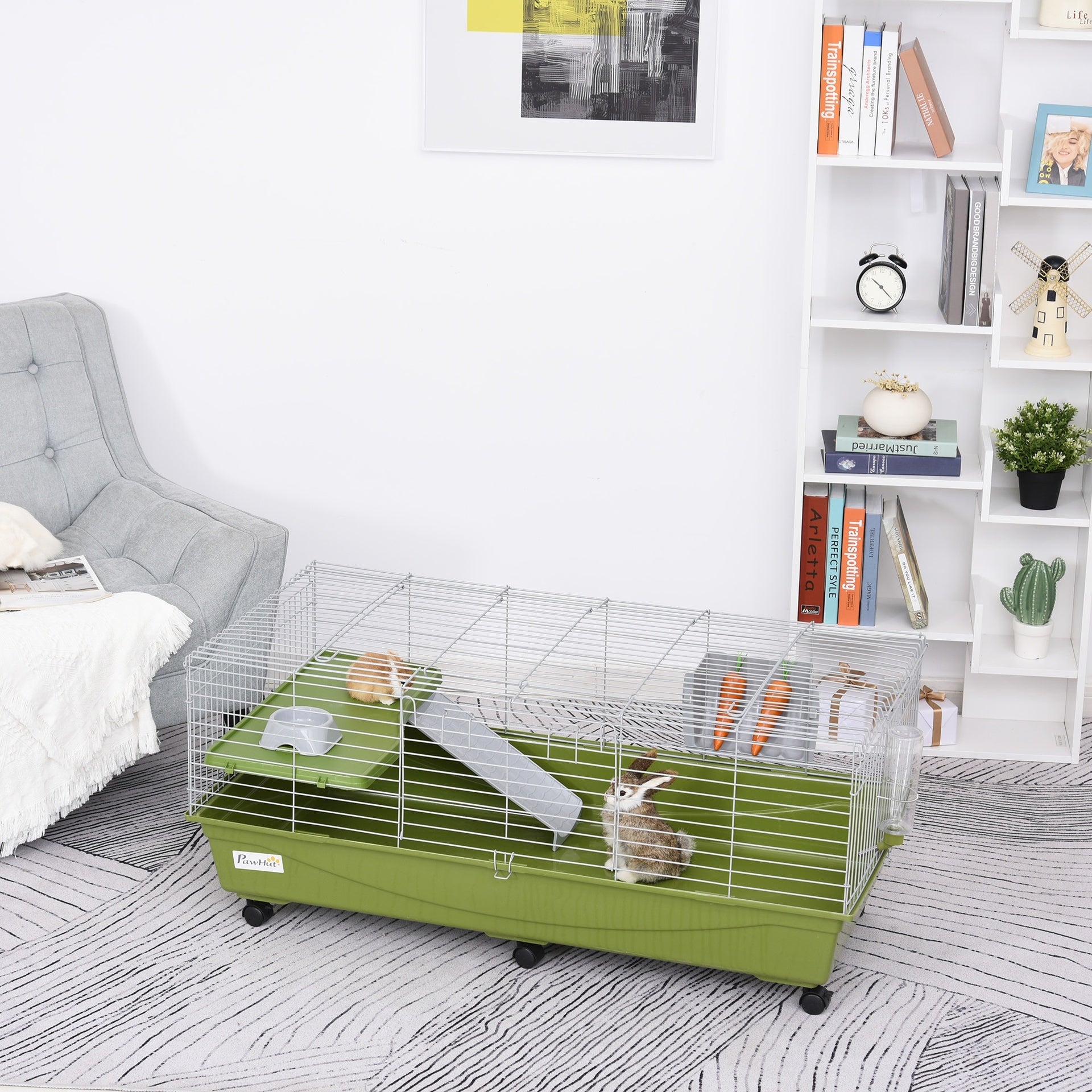 PawHut 47" Small Animal Cage Chinchilla Guinea Pig Hutch Pet House with Platform Ramp, Food Dish, Wheels, & Water Bottle