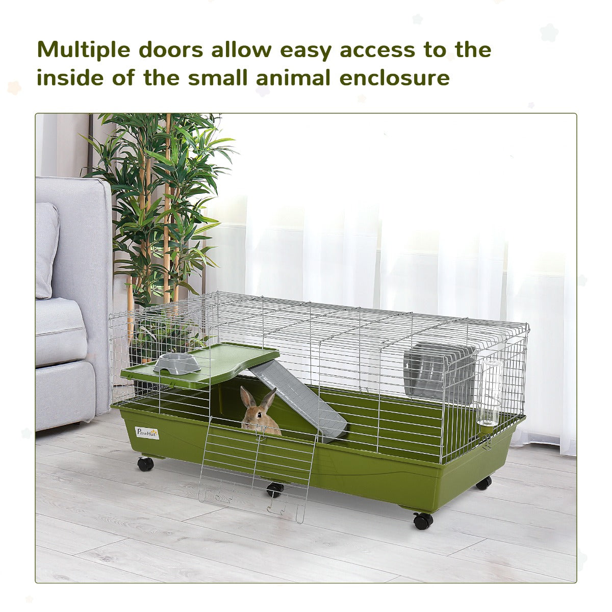 PawHut 47" Small Animal Cage Chinchilla Guinea Pig Hutch Pet House with Platform Ramp, Food Dish, Wheels, & Water Bottle