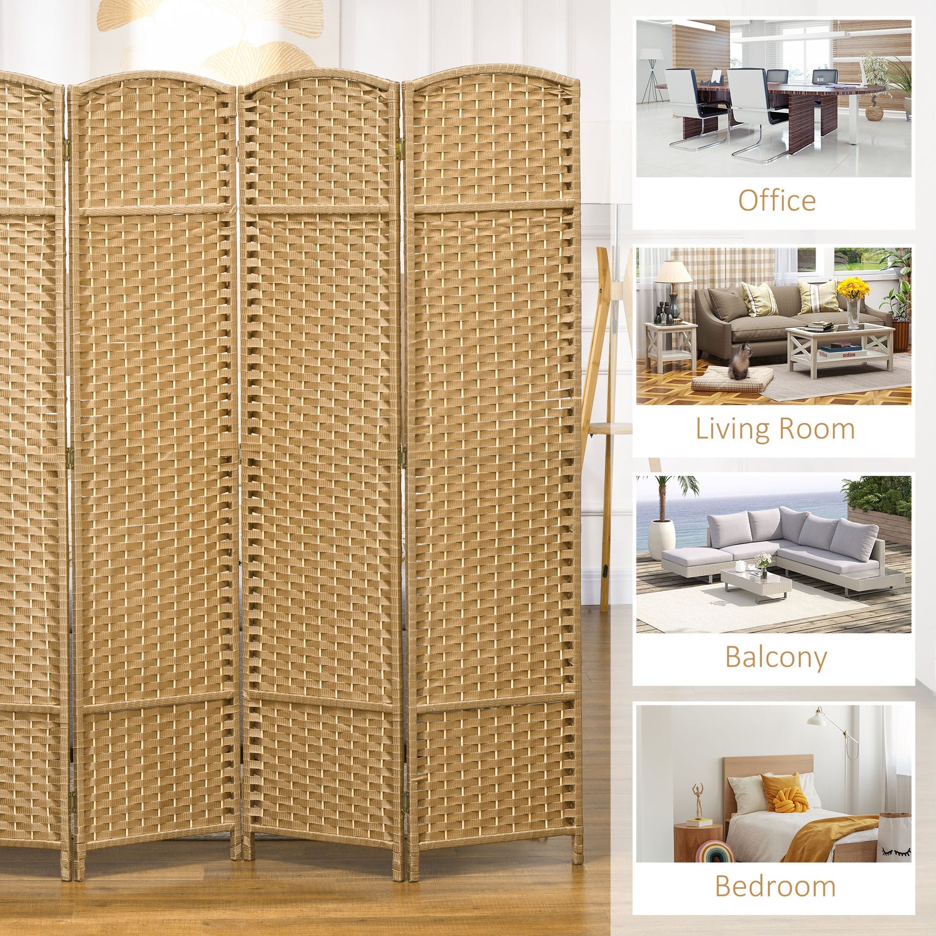 HOMCOM Folding Room Divider Screen 4 Panel 5.6 ' Tall Privacy Screen Freestanding Room Partition for Home Office, Nature Wood