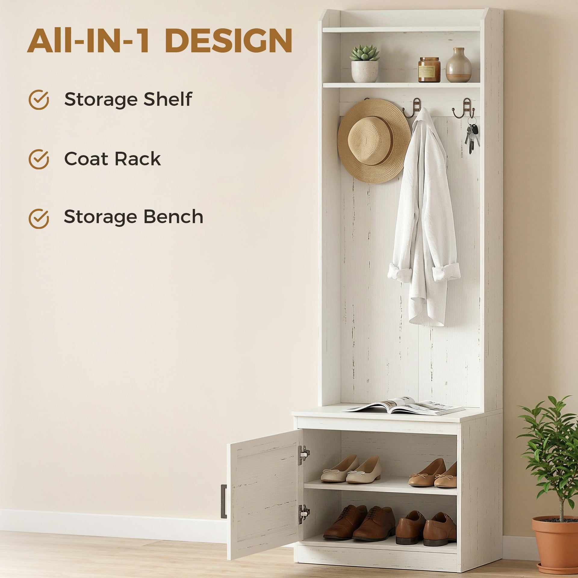HOMCOM Narrow Hall Tree with Shoe Storage Bench, Rustic Entryway Bench with Coat Rack, Accent Coat Tree with Storage Shelves for Hallway, Mudroom, White Wood Grain