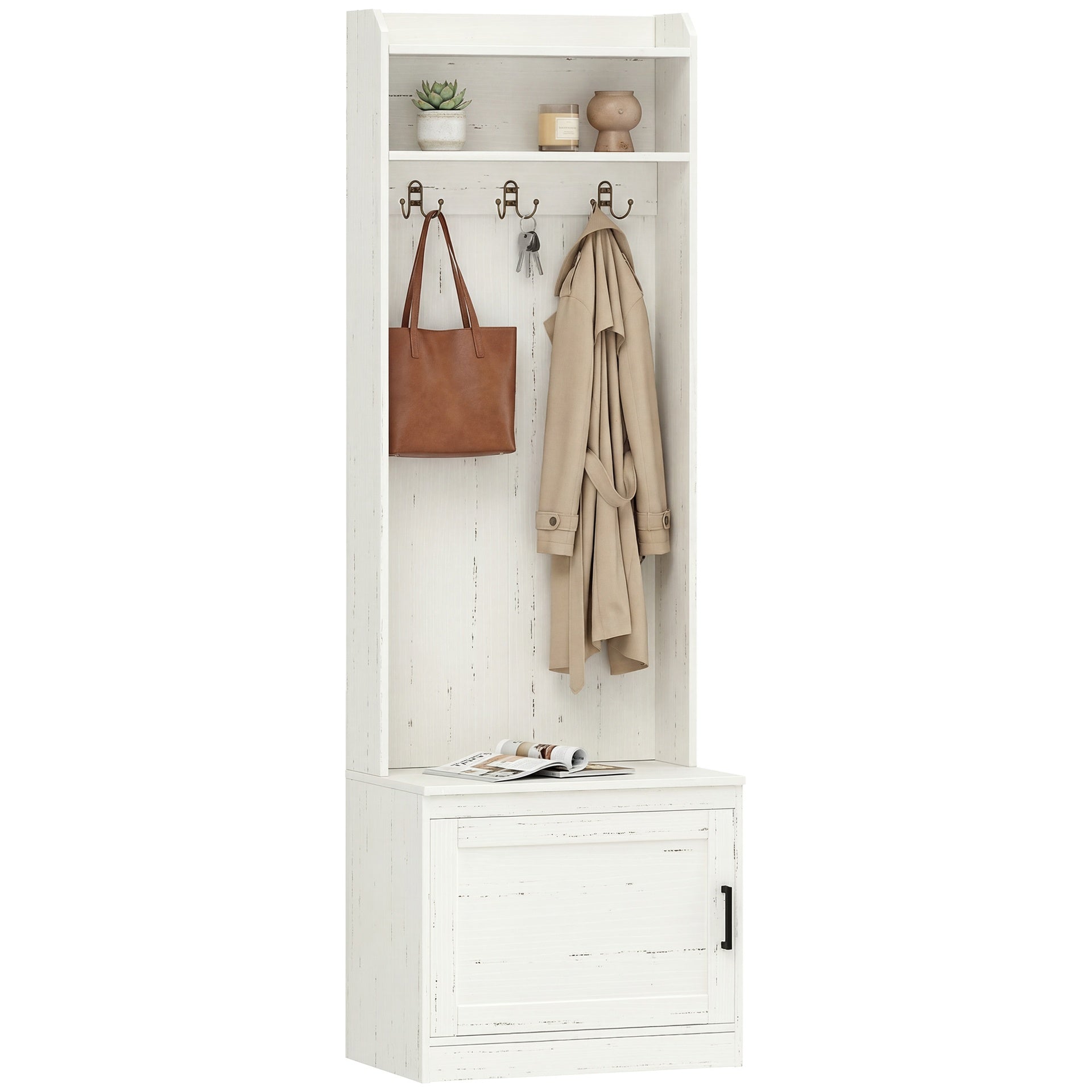 HOMCOM Narrow Hall Tree with Shoe Storage Bench, Rustic Entryway Bench with Coat Rack, Accent Coat Tree with Storage Shelves for Hallway, Mudroom, White Wood Grain