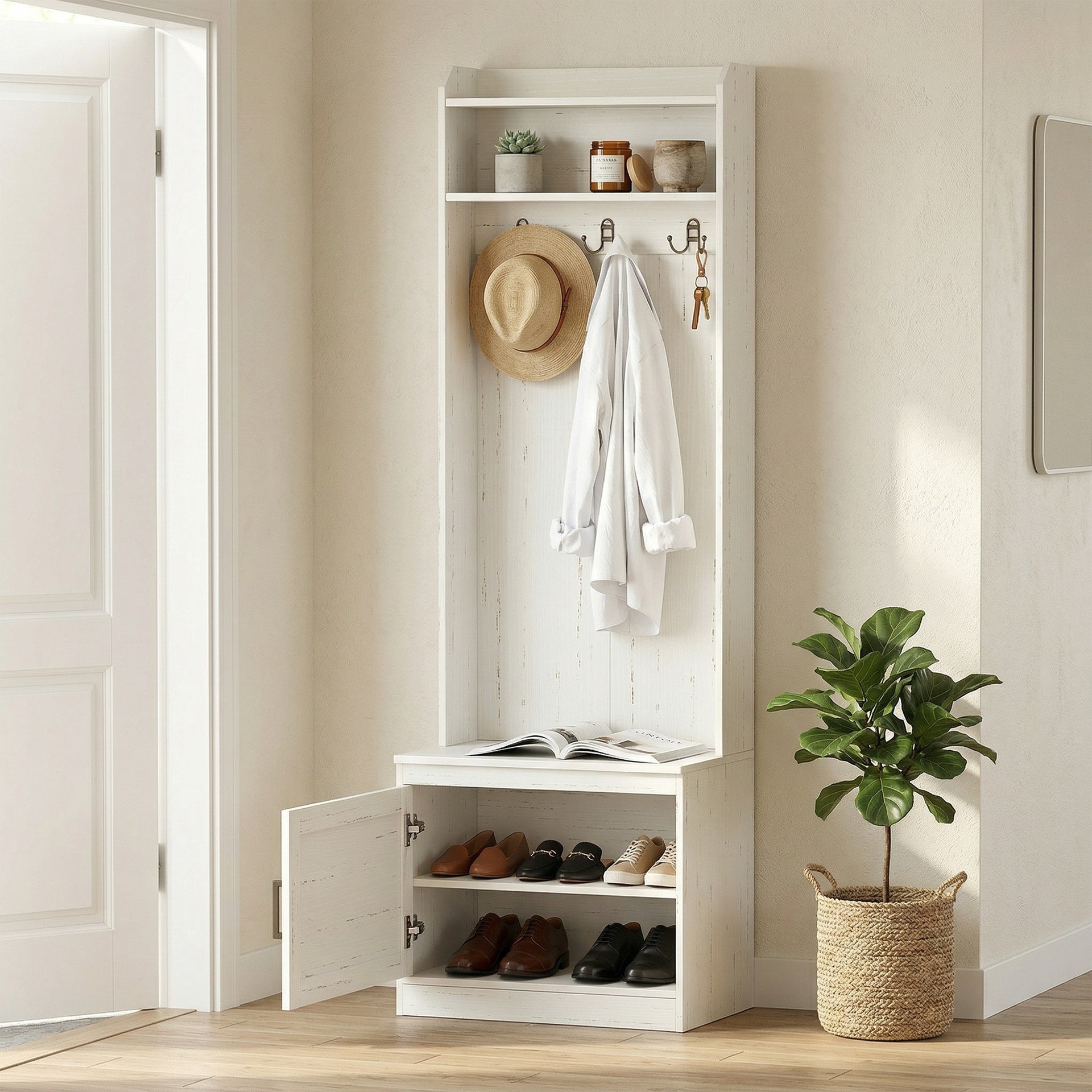 HOMCOM Narrow Hall Tree with Shoe Storage Bench, Rustic Entryway Bench with Coat Rack, Accent Coat Tree with Storage Shelves for Hallway, Mudroom, White Wood Grain