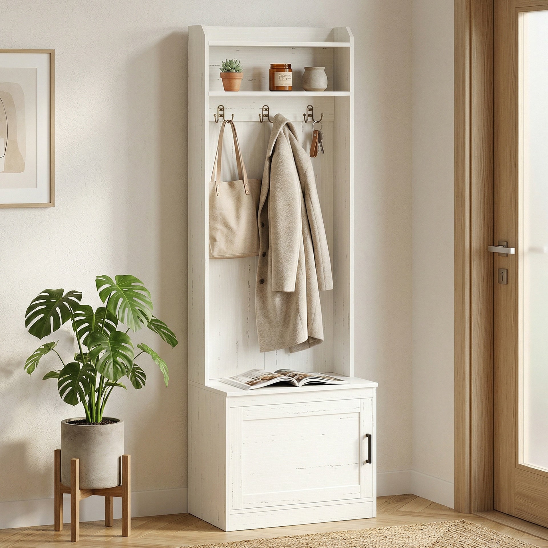 HOMCOM Narrow Hall Tree with Shoe Storage Bench, Rustic Entryway Bench with Coat Rack, Accent Coat Tree with Storage Shelves for Hallway, Mudroom, White Wood Grain