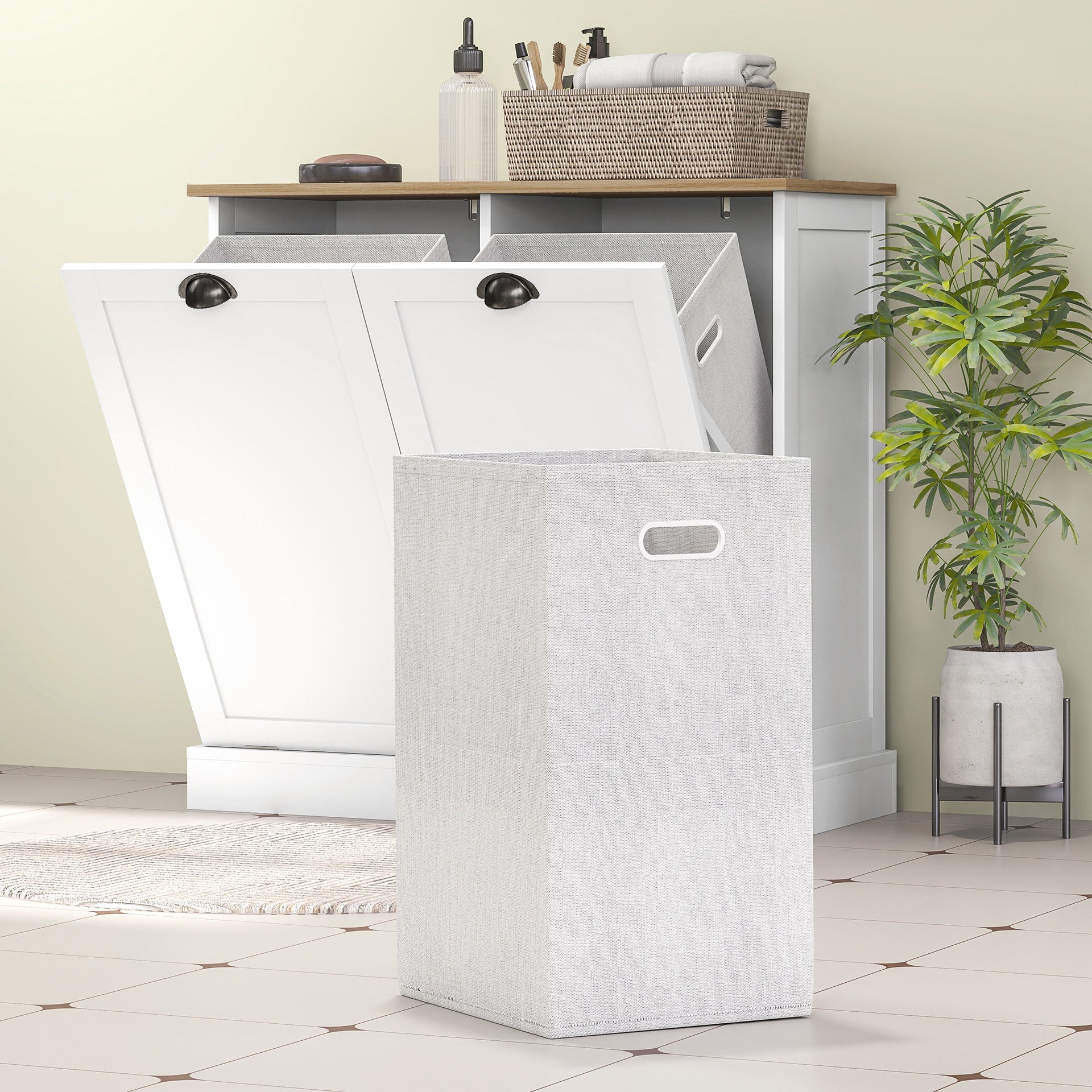 HOMCOM Dual Tilt out Laundry Hamper Cabinet with 2 Removable Basket, Modern Bathroom Storage Cabinet with Shaker Doors and Handles, White