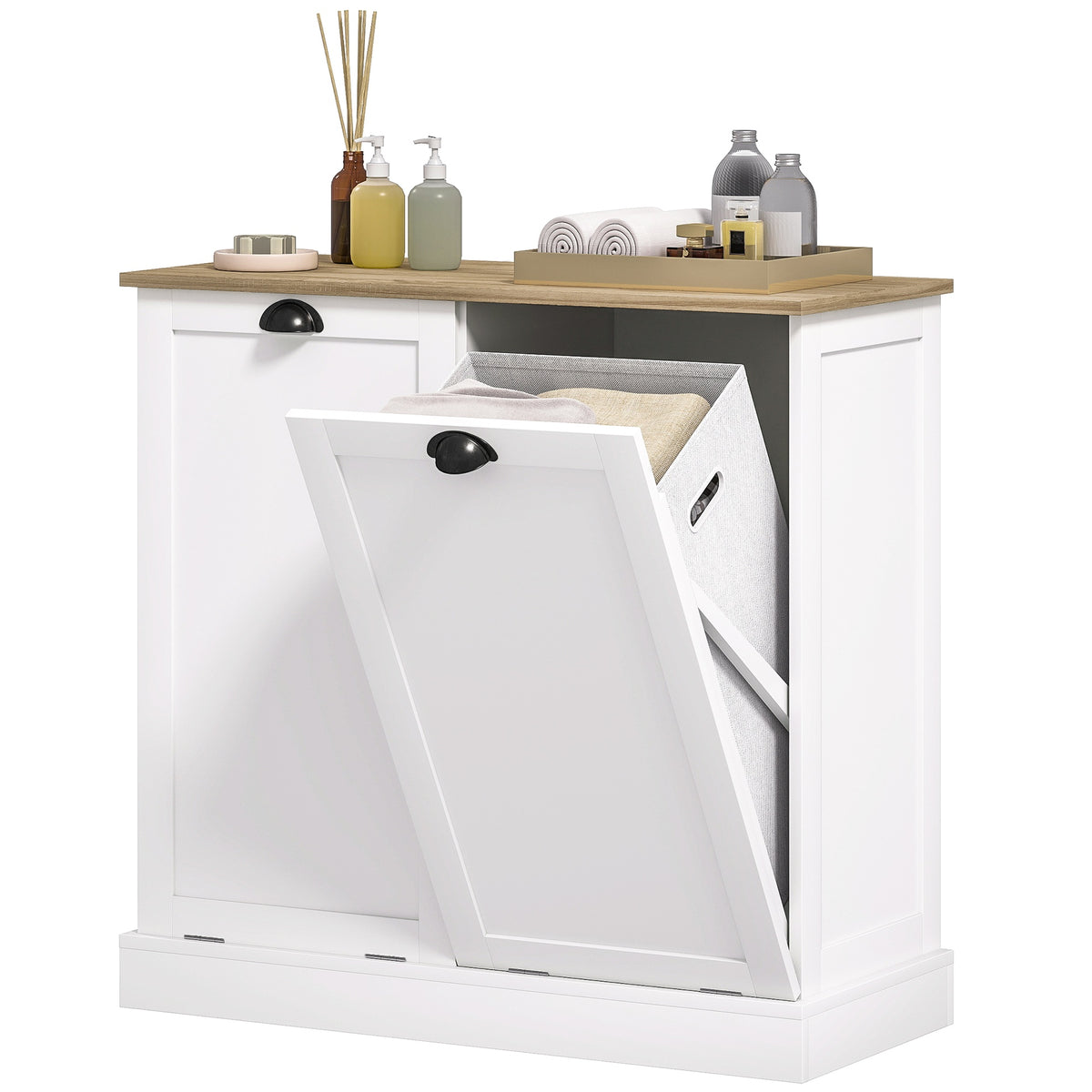 HOMCOM Dual Tilt out Laundry Hamper Cabinet with 2 Removable Basket, Modern Bathroom Storage Cabinet with Shaker Doors and Handles, White