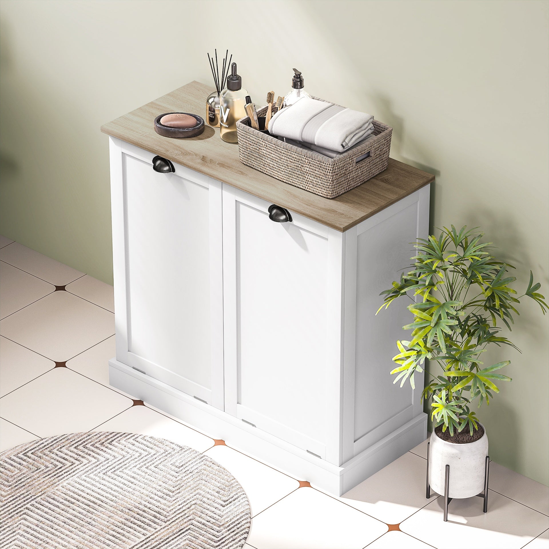 HOMCOM Dual Tilt out Laundry Hamper Cabinet with 2 Removable Basket, Modern Bathroom Storage Cabinet with Shaker Doors and Handles, White
