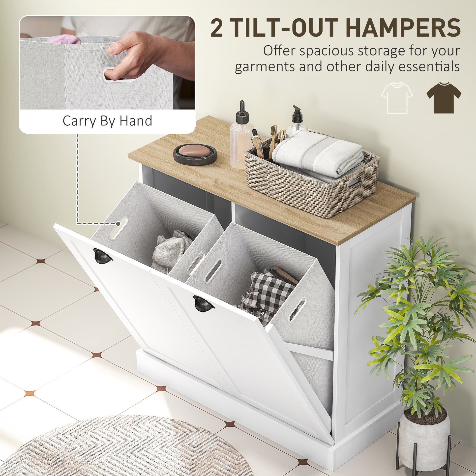 HOMCOM Dual Tilt out Laundry Hamper Cabinet with 2 Removable Basket, Modern Bathroom Storage Cabinet with Shaker Doors and Handles, White