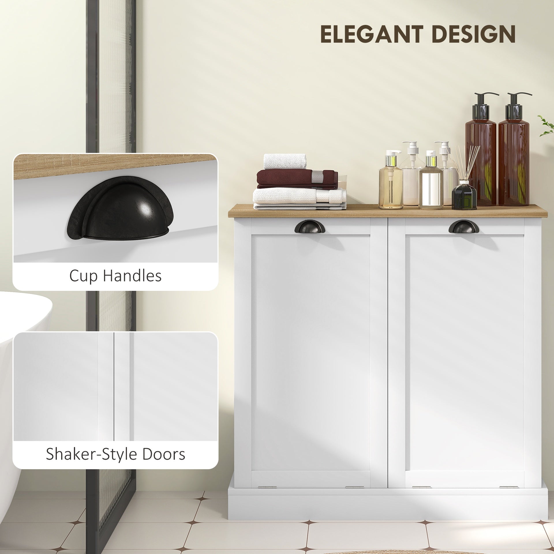HOMCOM Dual Tilt out Laundry Hamper Cabinet with 2 Removable Basket, Modern Bathroom Storage Cabinet with Shaker Doors and Handles, White
