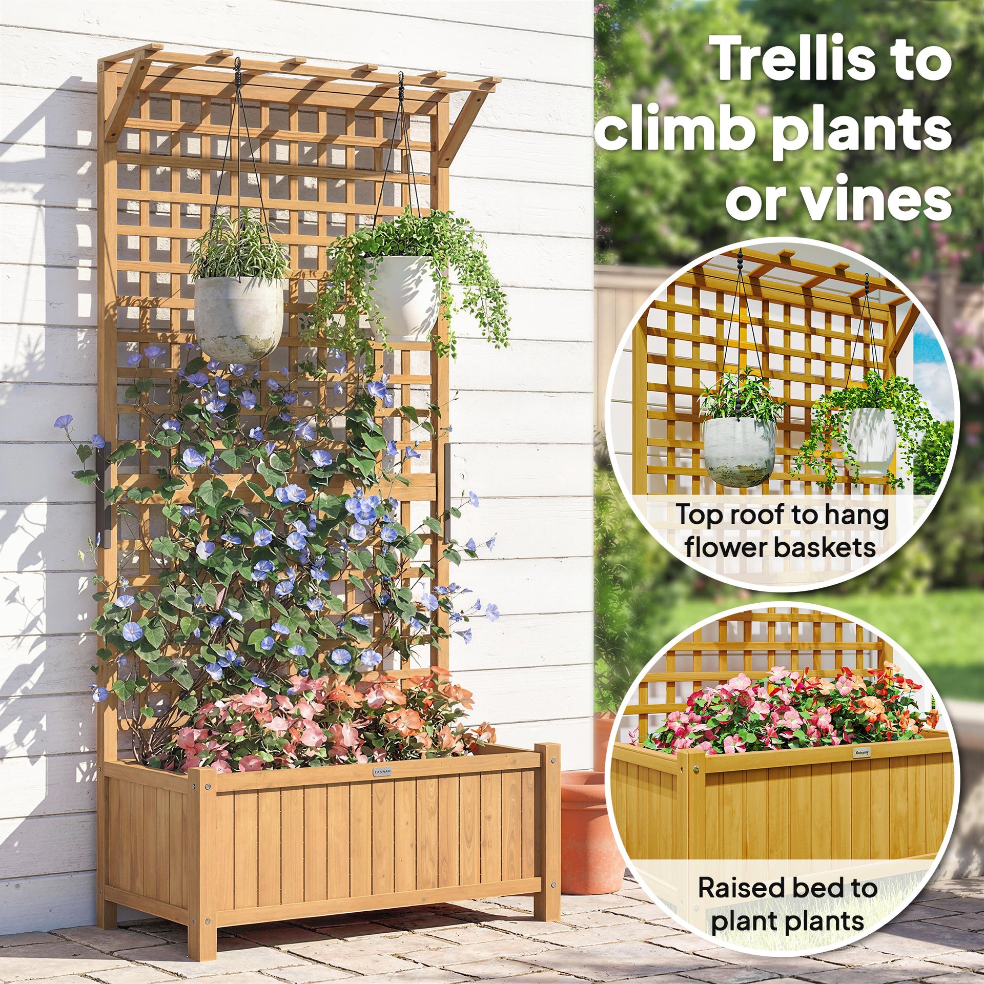 OutsunnyWood Planter with Trellis for Vine Climbing, Raised Garden Bed, Privacy Screen for Backyard, Patio, Yellow