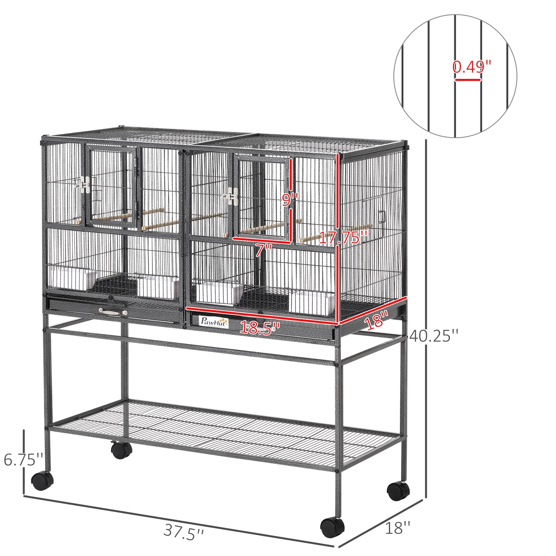 PawHut Divided Breeder Bird Cage with Rolling Stand Removable Metal Tray, Storage Shelf, Wood Perch, and Food Container