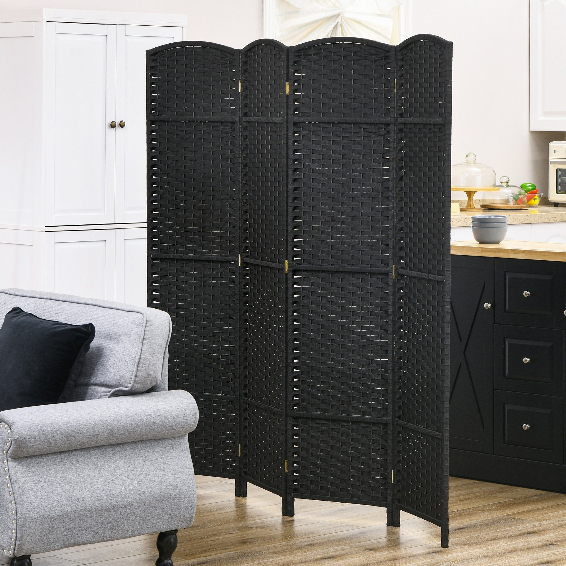 HOMCOM Folding Room Divider Screen 4 Panel 5.6 ' Tall Privacy Screen Freestanding Room Partition for Home Office, Black