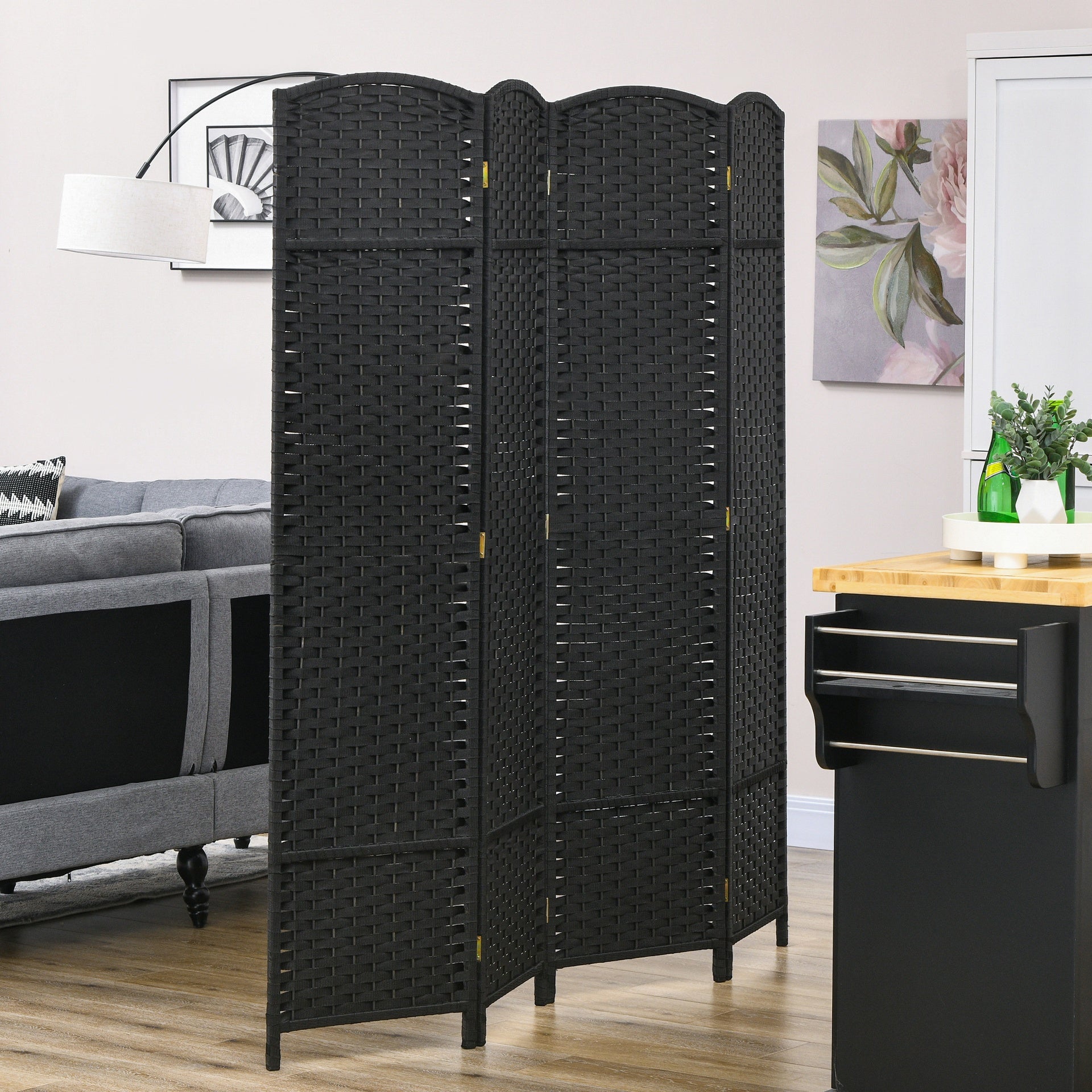 HOMCOM Folding Room Divider Screen 4 Panel 5.6 ' Tall Privacy Screen Freestanding Room Partition for Home Office, Black