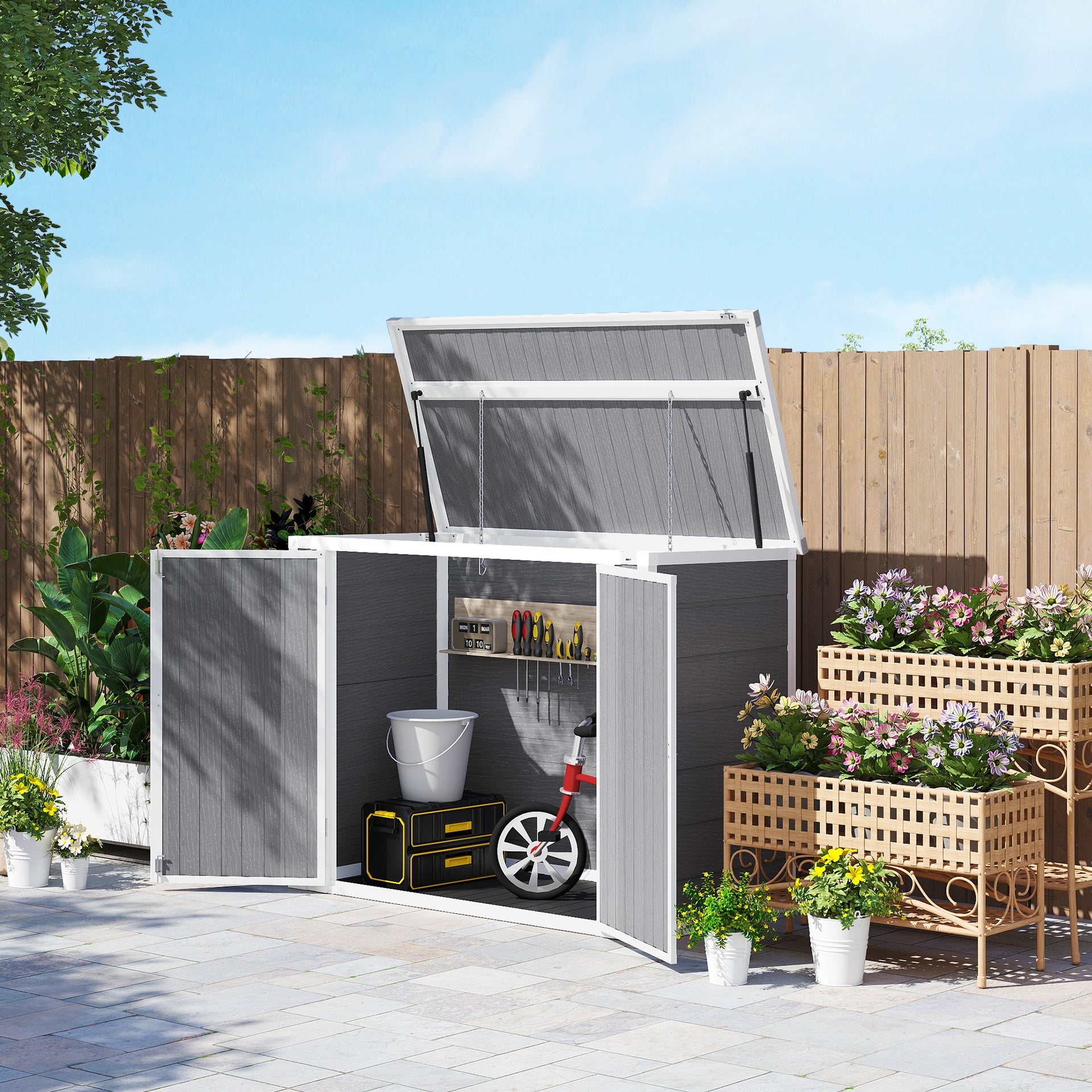 Outsunny 4.7 x 2.5FT Outdoor Horizontal Storage Shed, Lockable Trash Can Storage with Chain Lid, Gray
