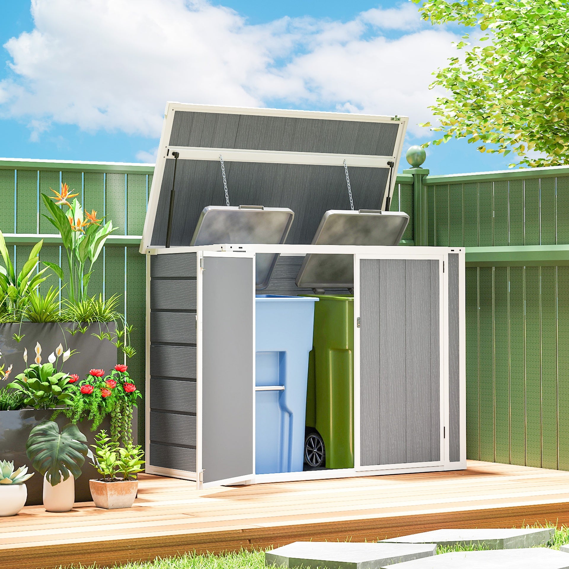 Outsunny 4.7 x 2.5FT Outdoor Horizontal Storage Shed, Lockable Trash Can Storage with Chain Lid, Gray