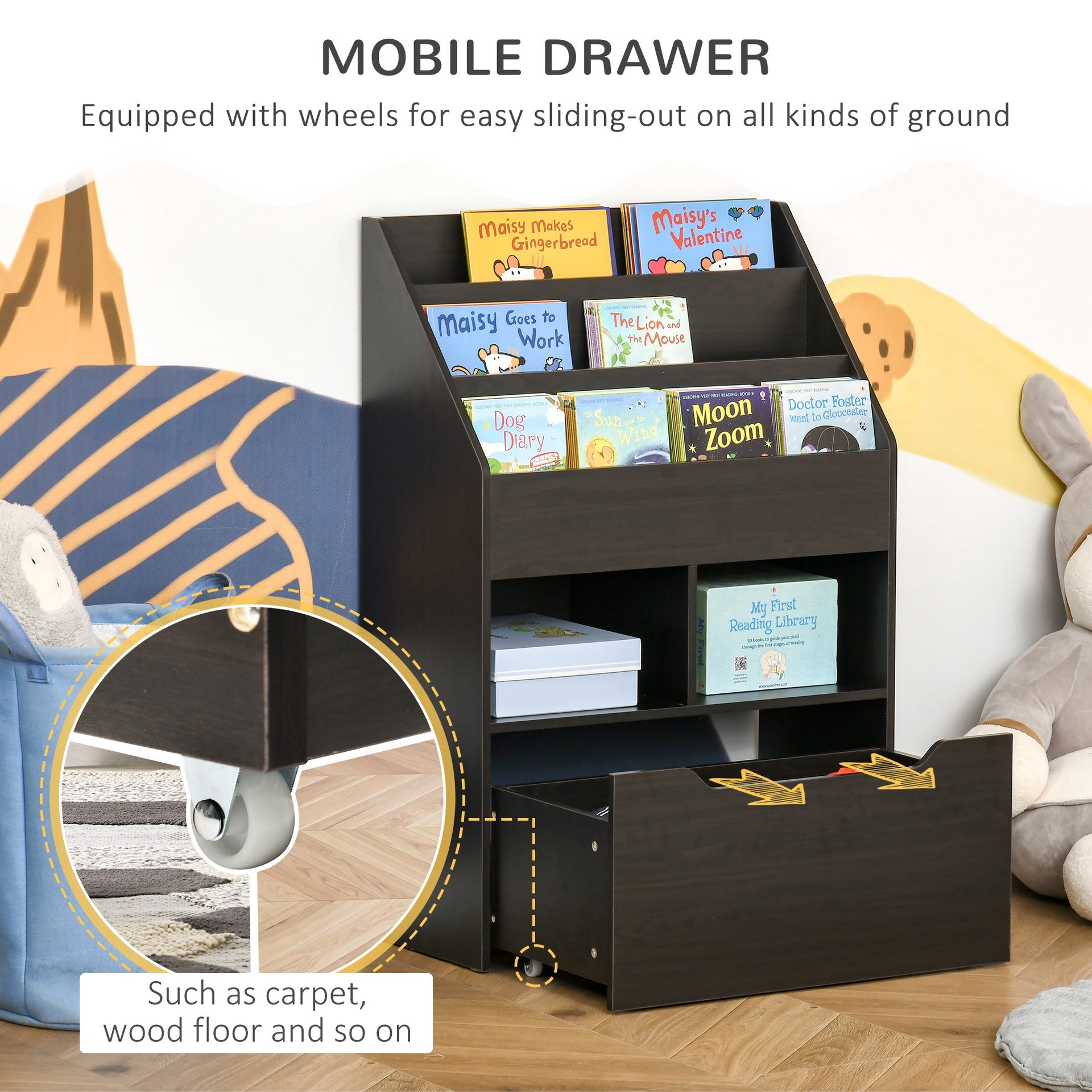 HOMCOM Kids Bookcase Multi-Shelf Book Rack with Mobile Drawer for Books, Toy,Brown