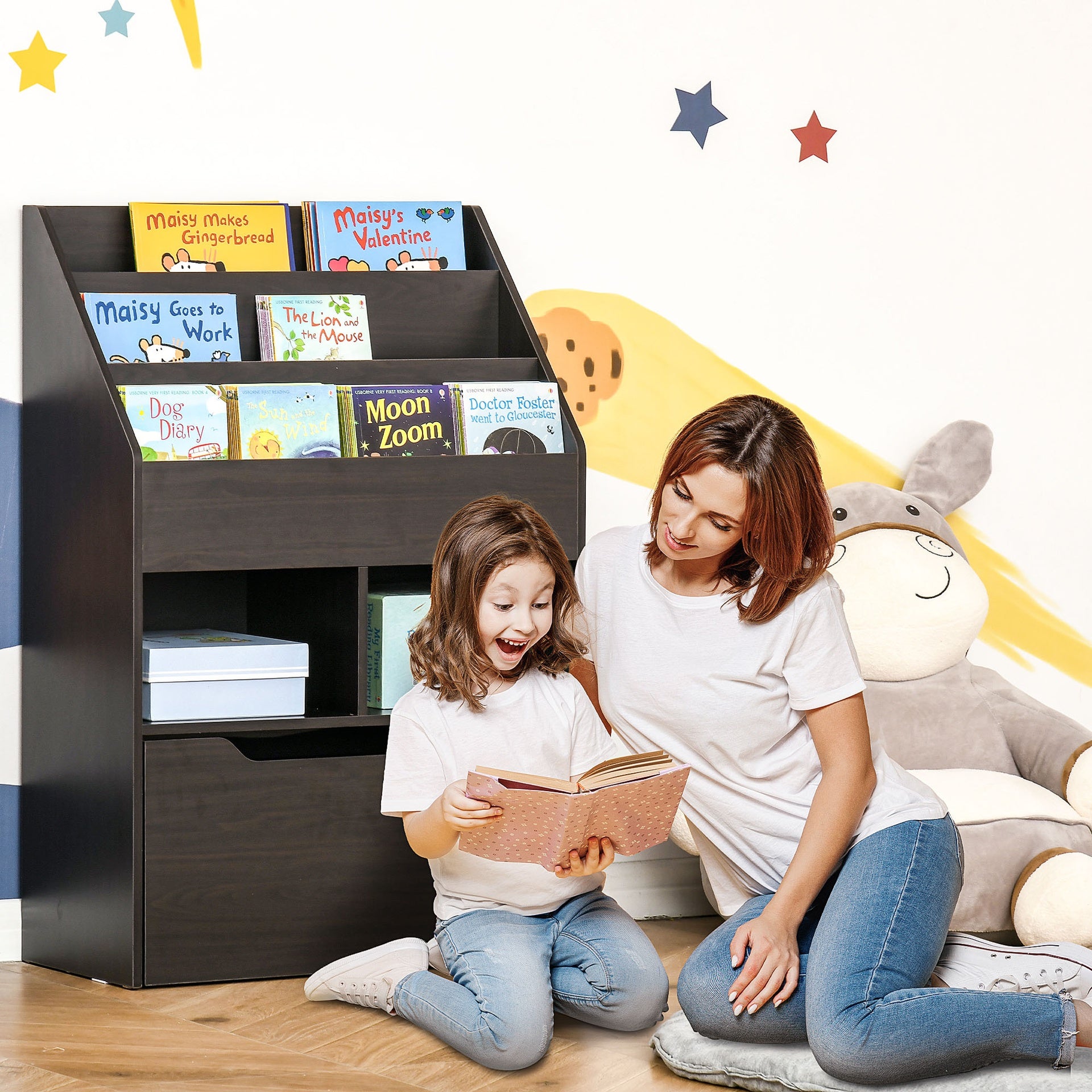 HOMCOM Kids Bookcase Multi-Shelf Book Rack with Mobile Drawer for Books, Toy,Brown