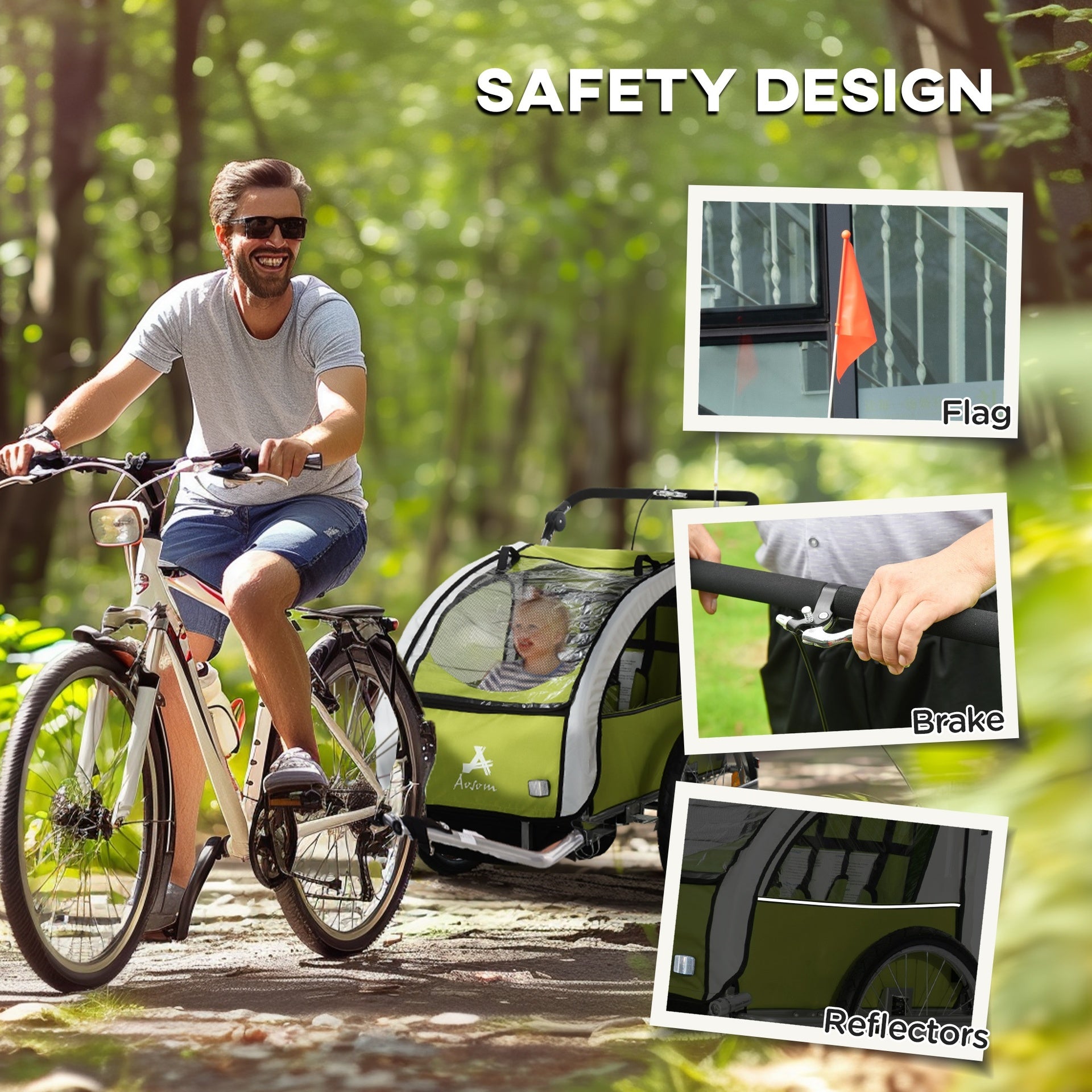 Aosom 2-Seat Elite 360 Swivel Bike Trailer for Kids Bicycle Cargo Trailer with Water-Resistant Windows, Green and White