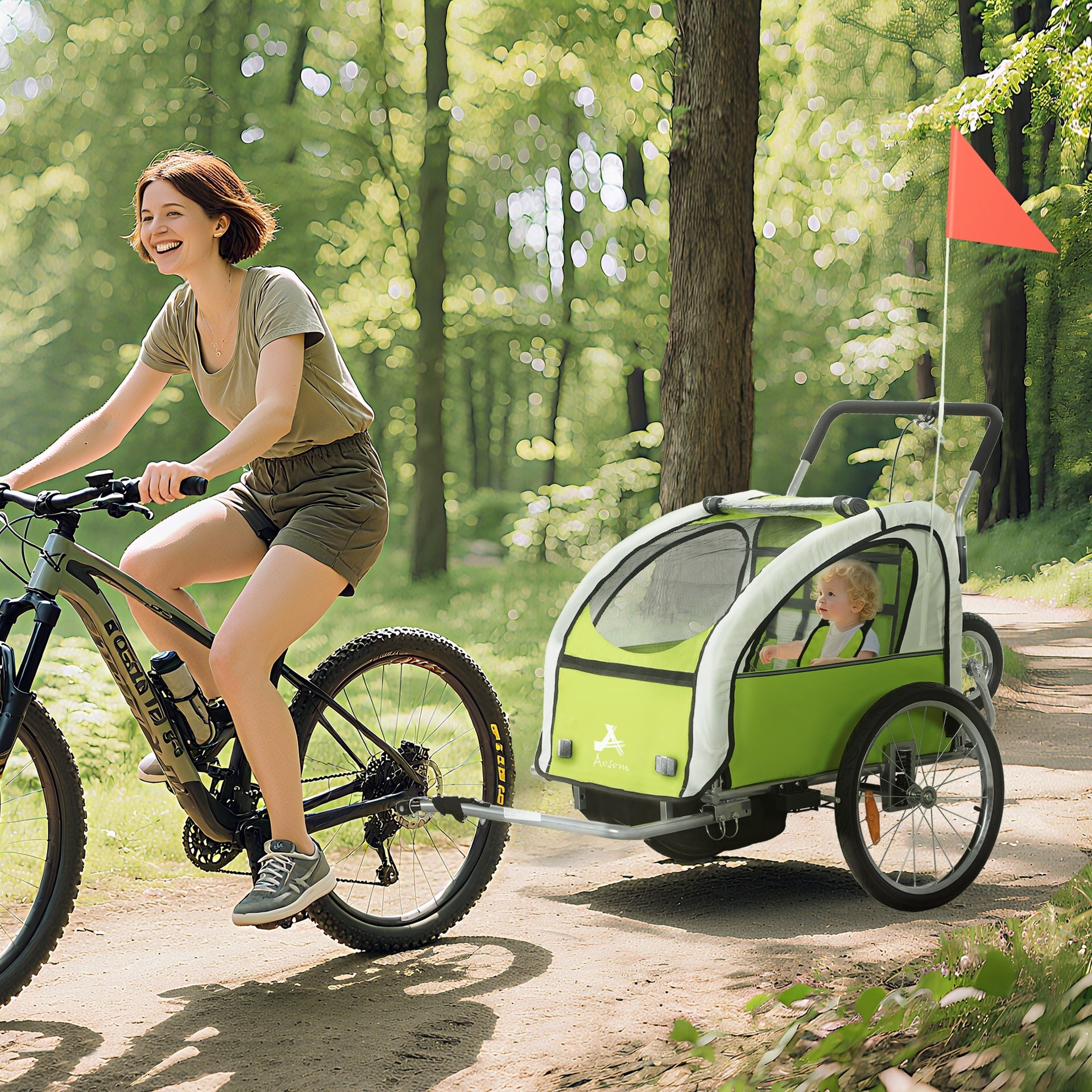 Aosom 2-Seat Elite 360 Swivel Bike Trailer for Kids Bicycle Cargo Trailer with Water-Resistant Windows, Green and White