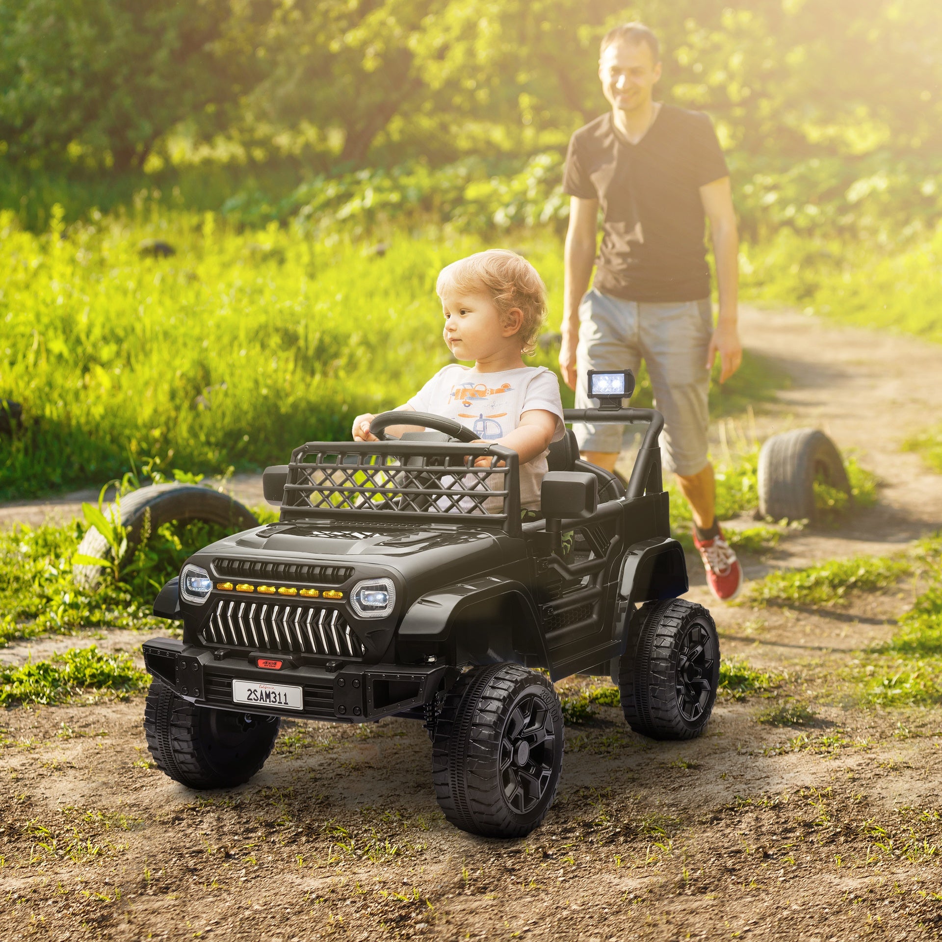 Qaba 12V Battery Powered Ride On Truck, Kids Electric Car with Spring Suspension, Remote, Horn, USB Music, Black