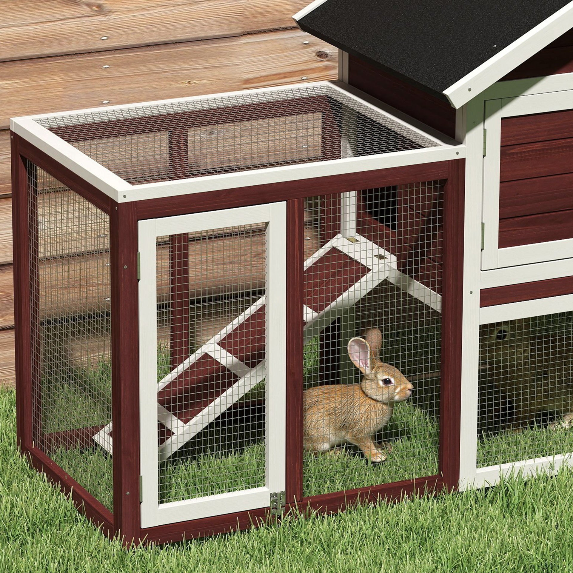 PawHut 49" Wooden Rabbit Hutch Bunny Cage with Waterproof Asphalt Roof, Fun Outdoor Run, Removable Tray and Ramp, for Rabbits, Chickens, Ducks, Brown