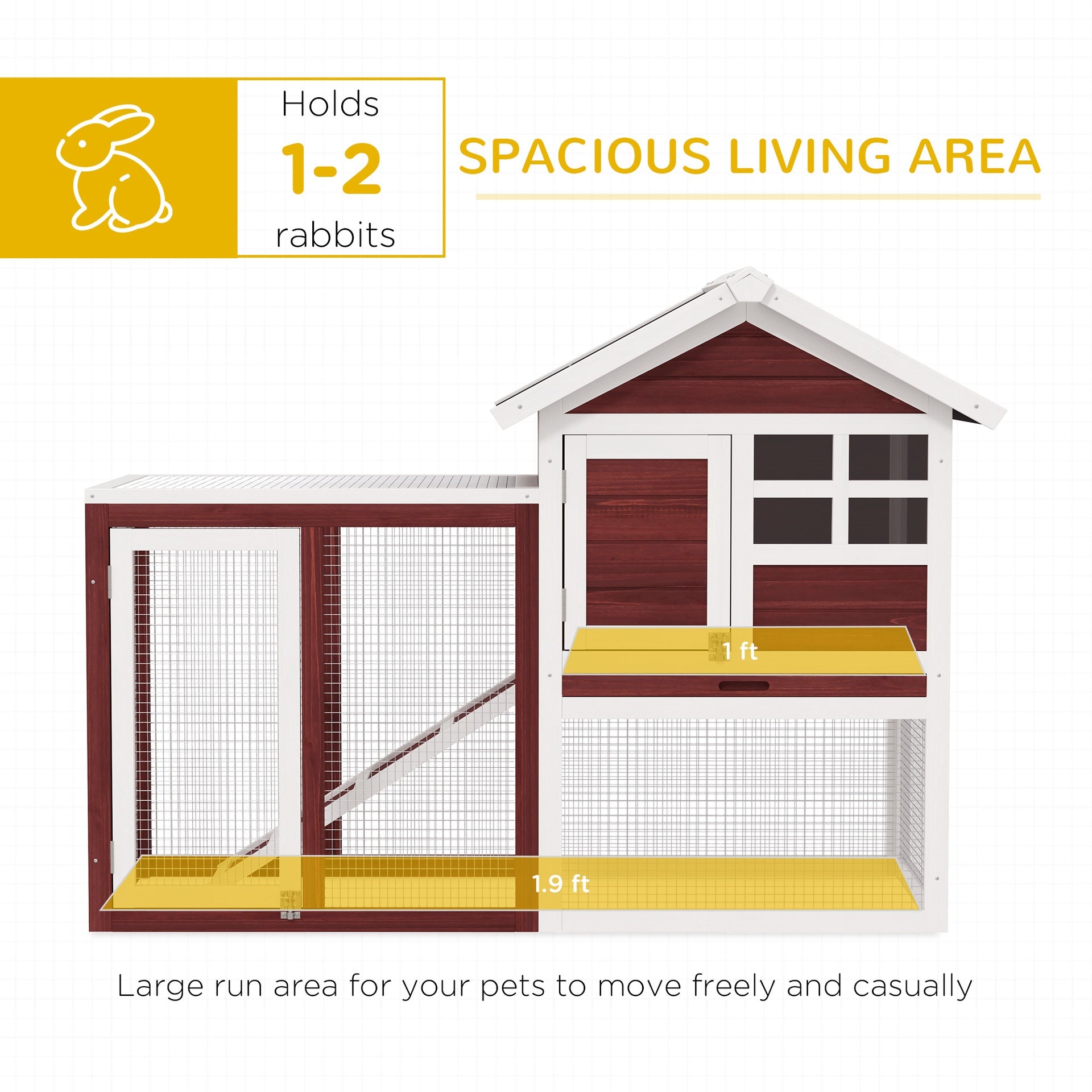 PawHut 49" Wooden Rabbit Hutch Bunny Cage with Waterproof Asphalt Roof, Fun Outdoor Run, Removable Tray and Ramp, for Rabbits, Chickens, Ducks, Brown