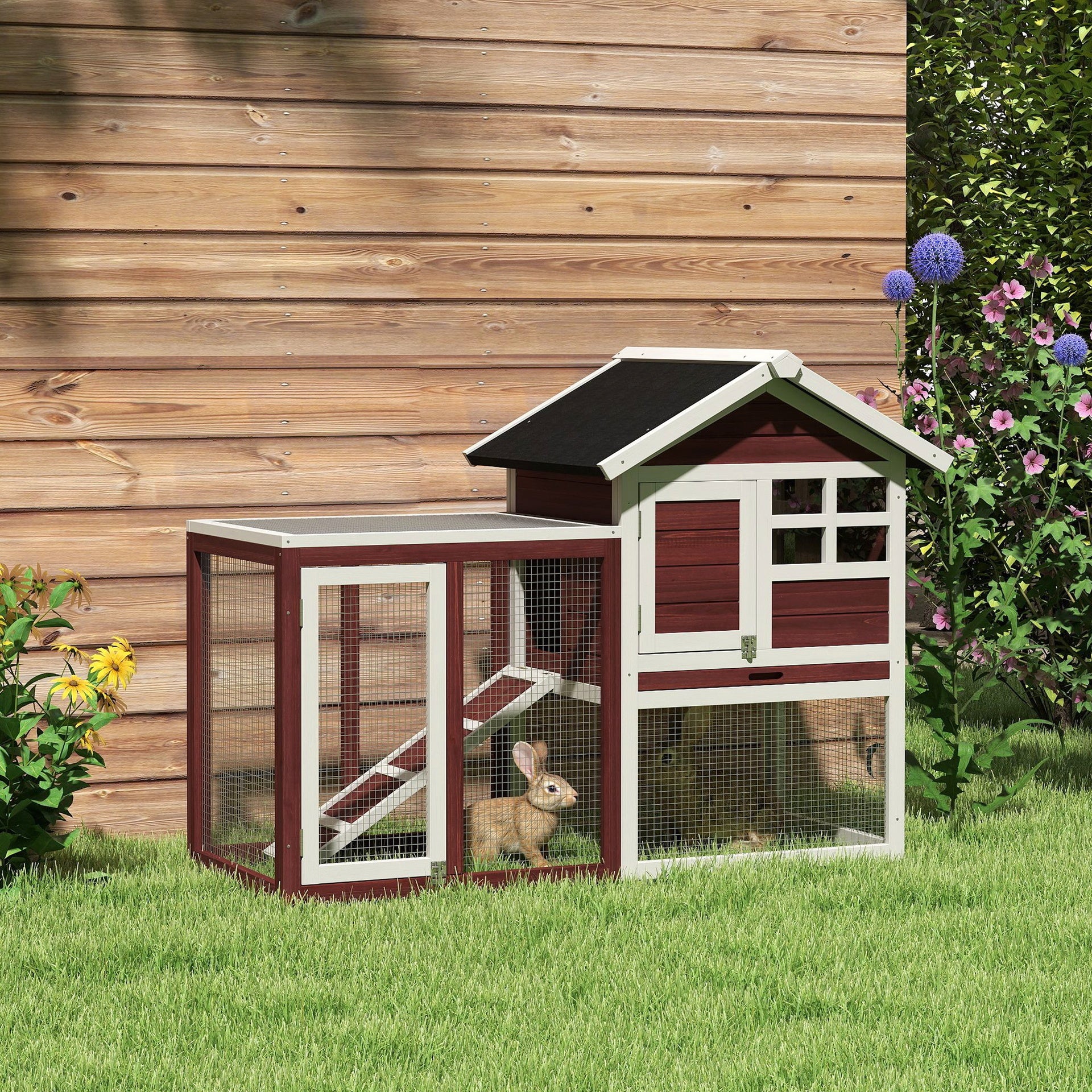 PawHut 49" Wooden Rabbit Hutch Bunny Cage with Waterproof Asphalt Roof, Fun Outdoor Run, Removable Tray and Ramp, for Rabbits, Chickens, Ducks, Brown