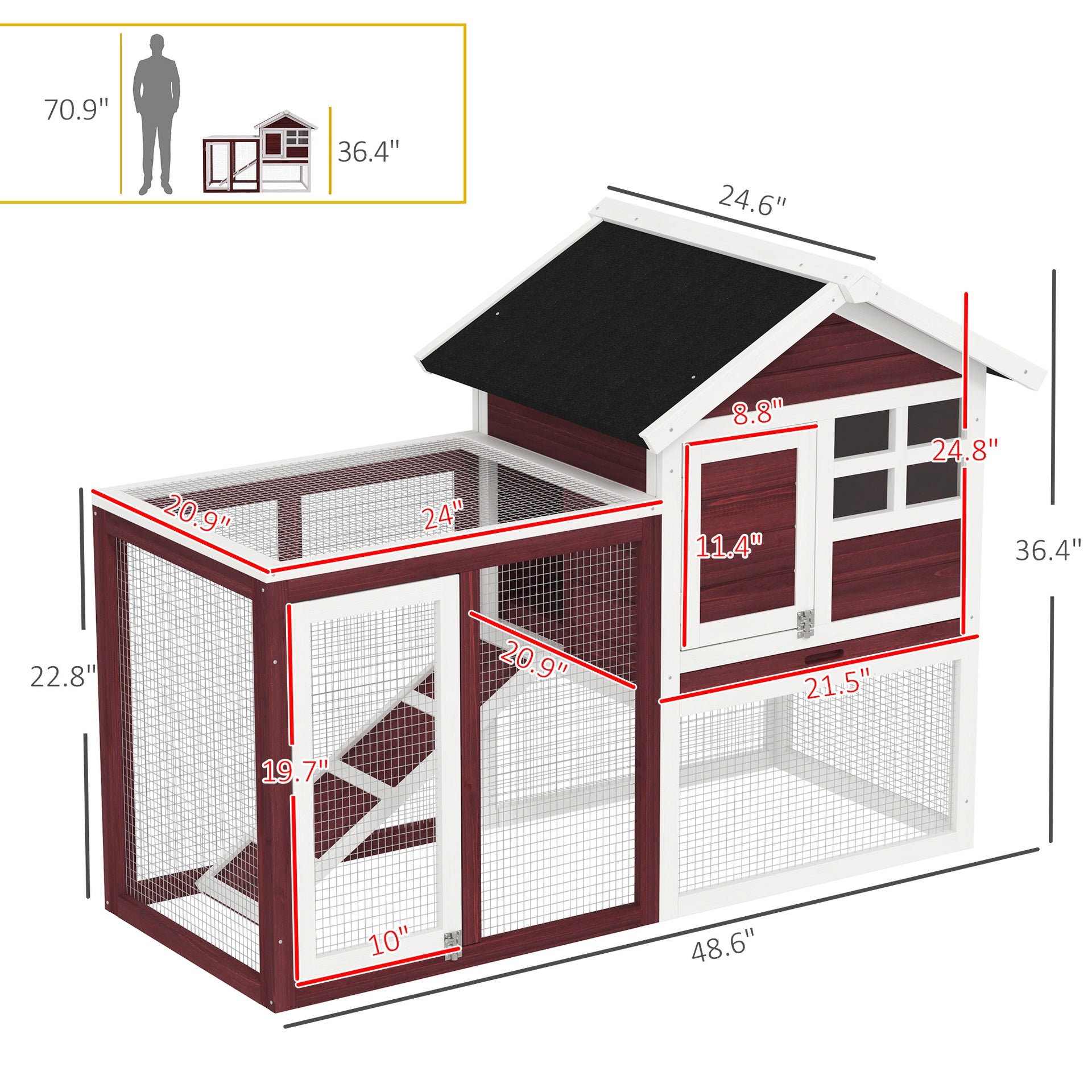 PawHut 49" Wooden Rabbit Hutch Bunny Cage with Waterproof Asphalt Roof, Fun Outdoor Run, Removable Tray and Ramp, for Rabbits, Chickens, Ducks, Brown