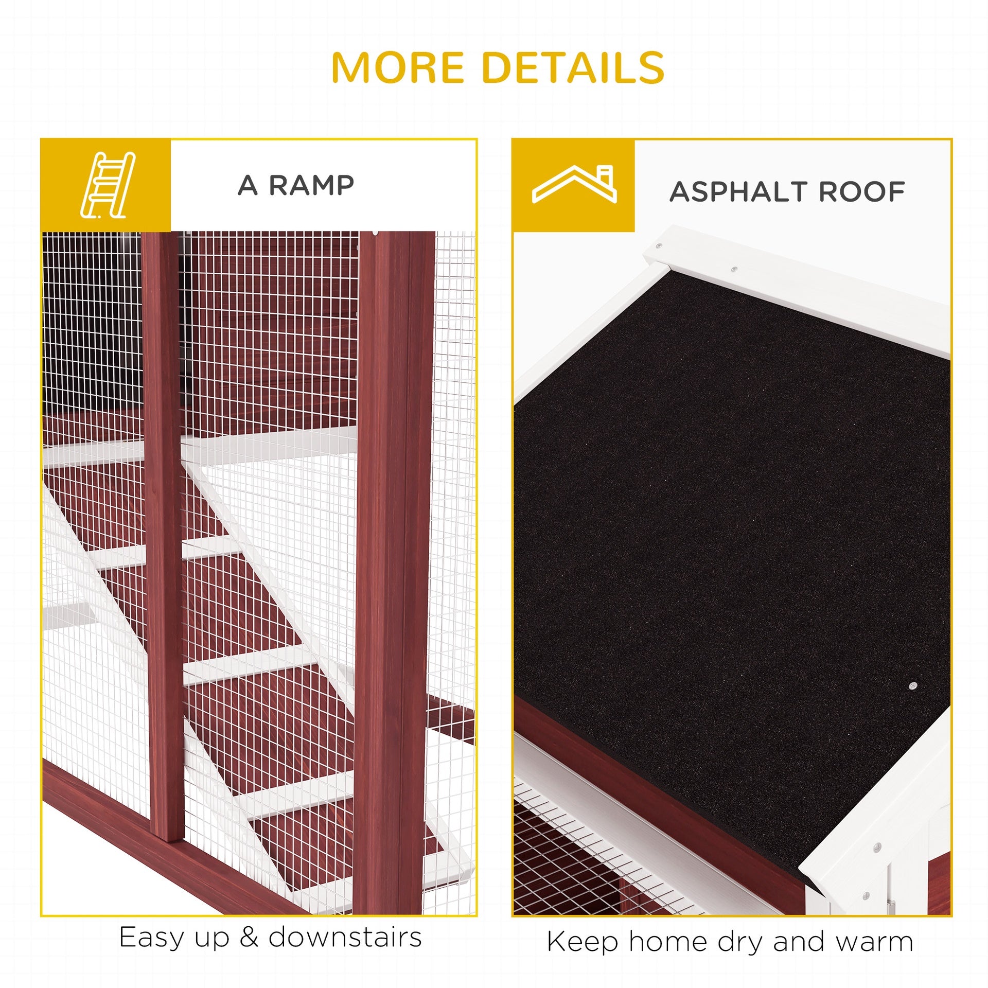 PawHut 49" Wooden Rabbit Hutch Bunny Cage with Waterproof Asphalt Roof, Fun Outdoor Run, Removable Tray and Ramp, for Rabbits, Chickens, Ducks, Brown