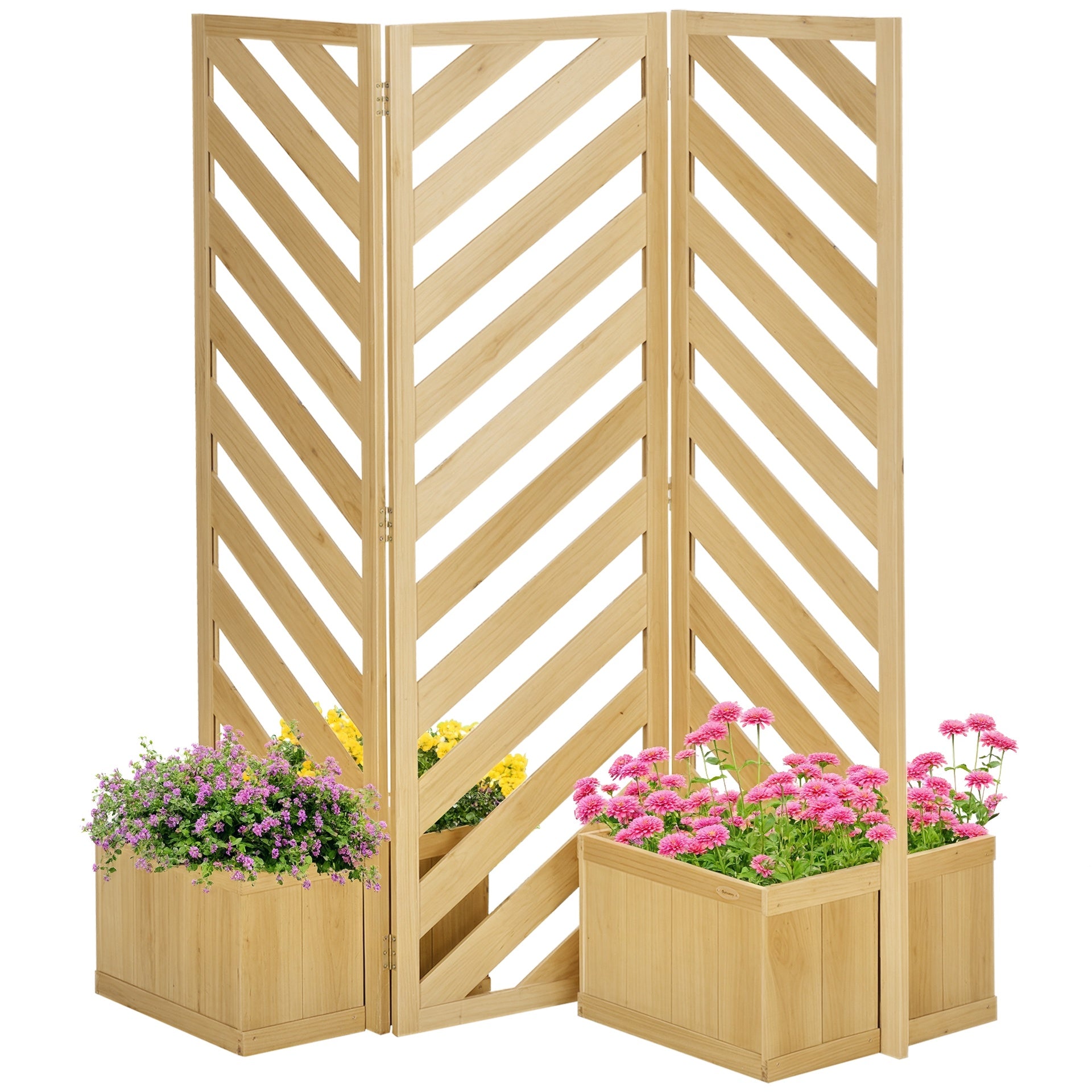 Outsunny Decorative Outdoor Privacy Screen, Freestanding Divider/Separator with 4 Self-Draining Planters, 3 Trellis Plant Support Panels for Garden Walkway, Backyard, Natural Wood