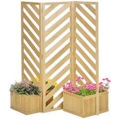 Outsunny Decorative Outdoor Privacy Screen, Freestanding Divider/Separator with 4 Self-Draining Planters, 3 Trellis Plant Support Panels for Garden Walkway, Backyard, Natural Wood